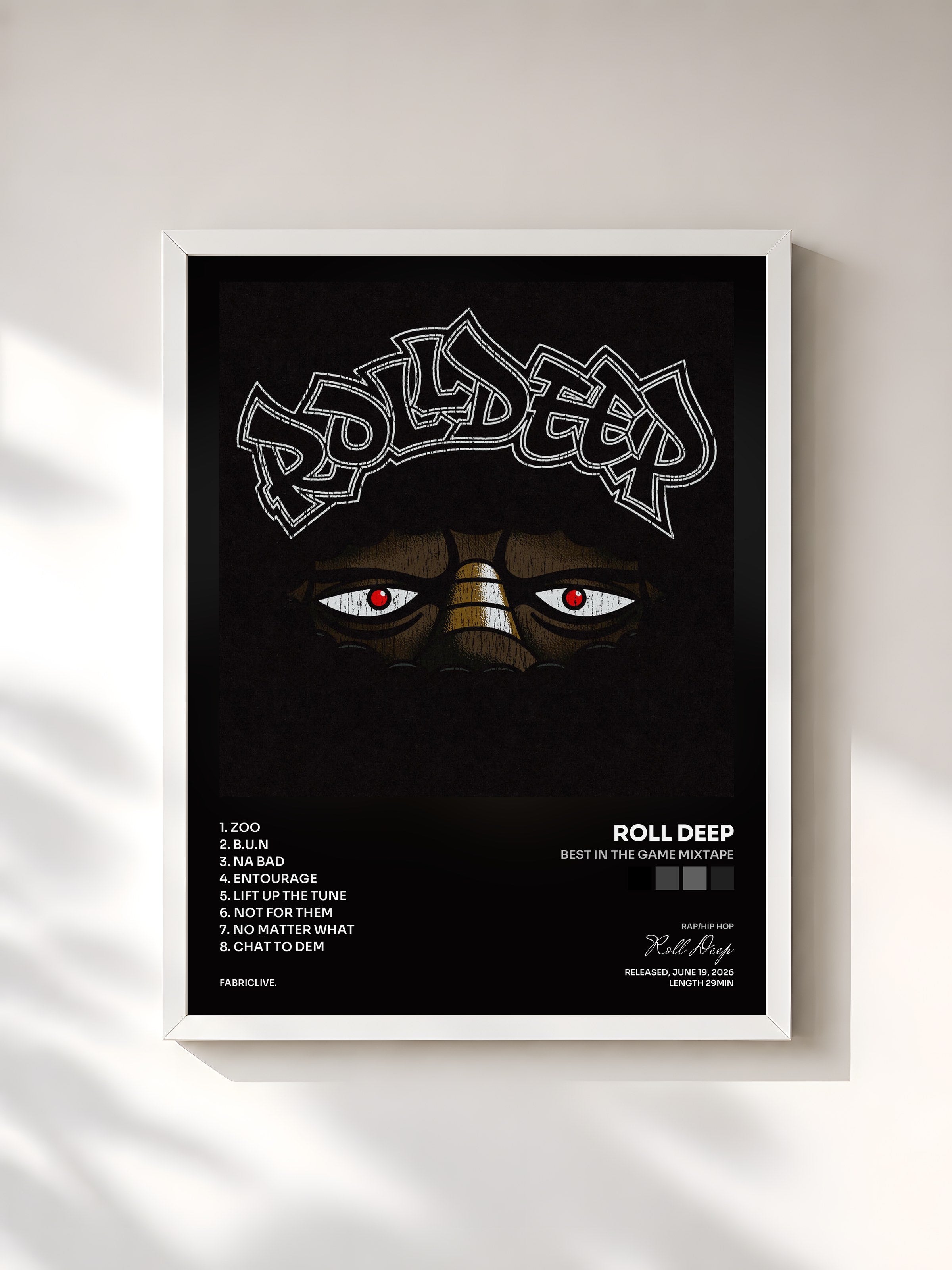 #blanc Tableau de l'album Best In The Game Mixtape de Roll Deep, cadre blanc, imprimé et encadré en France