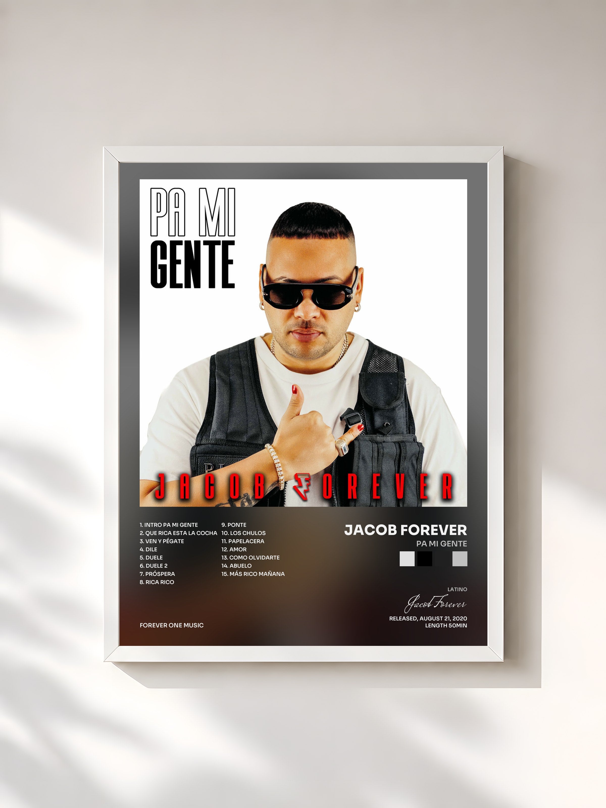 #blanc Tableau de l'album Pa Mi Gente de Jacob Forever, cadre blanc, imprimé et encadré en France
