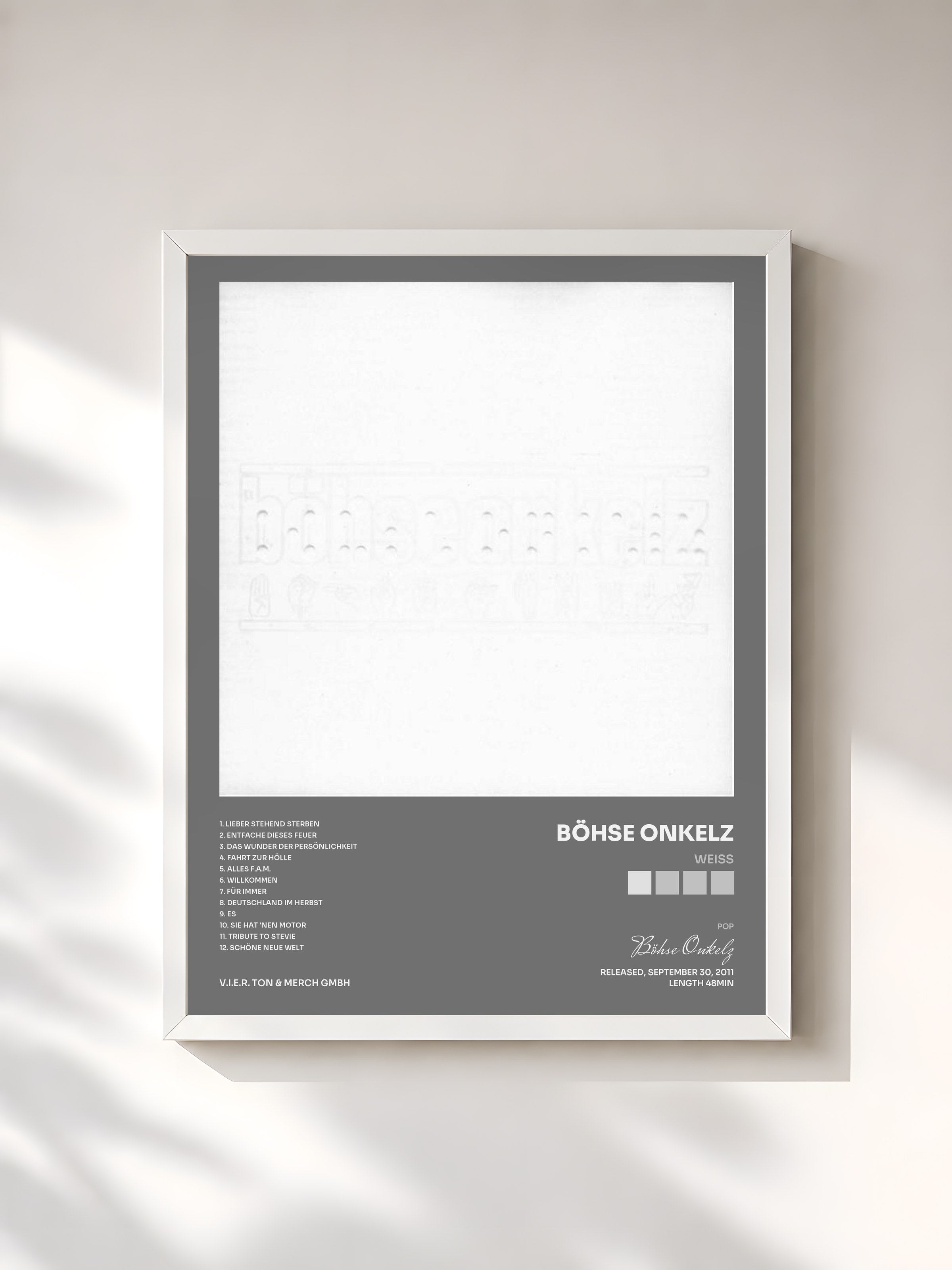 #blanc Tableau de l'album Weiß de Böhse Onkelz, cadre blanc, imprimé et encadré en France
