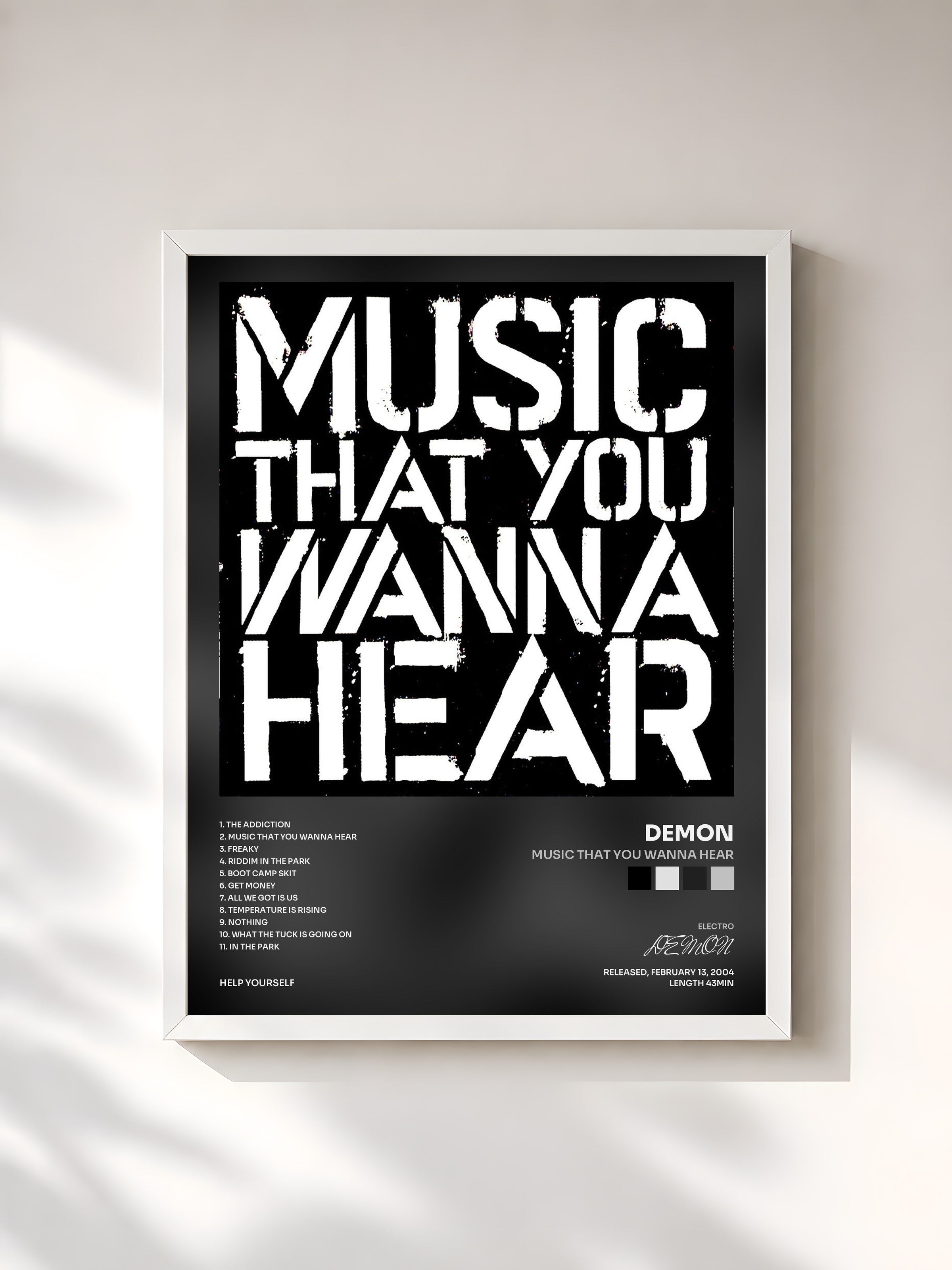 #blanc Tableau de l'album Music That You Wanna Hear de DEMON, cadre blanc, imprimé et encadré en France