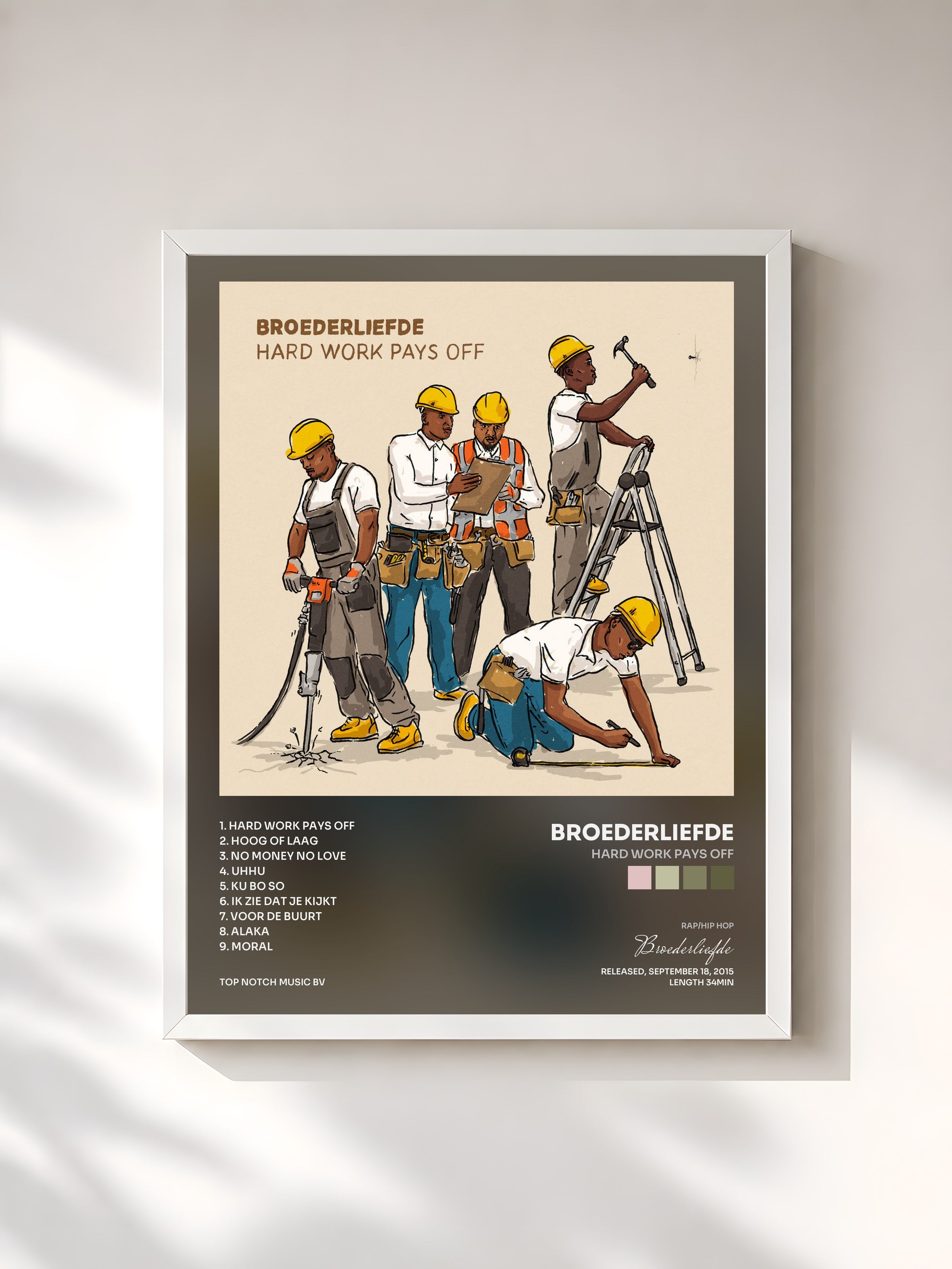 #blanc Tableau de l'album Hard Work Pays Off de Broederliefde, cadre blanc, imprimé et encadré en France