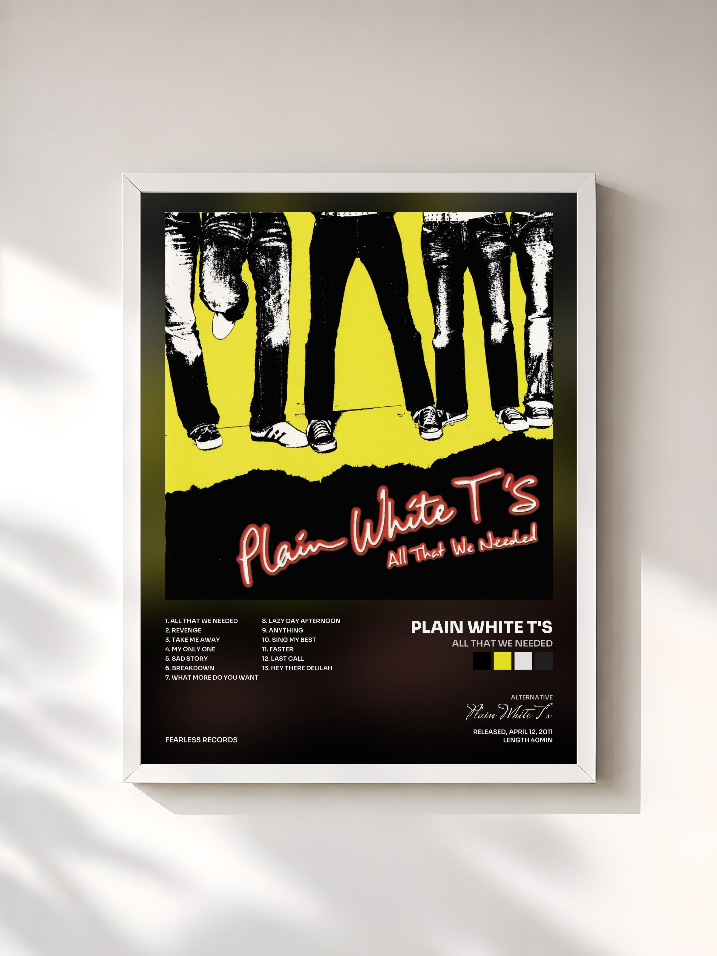 #blanc Tableau de l'album All That We Needed de Plain White T's, cadre blanc, imprimé et encadré en France