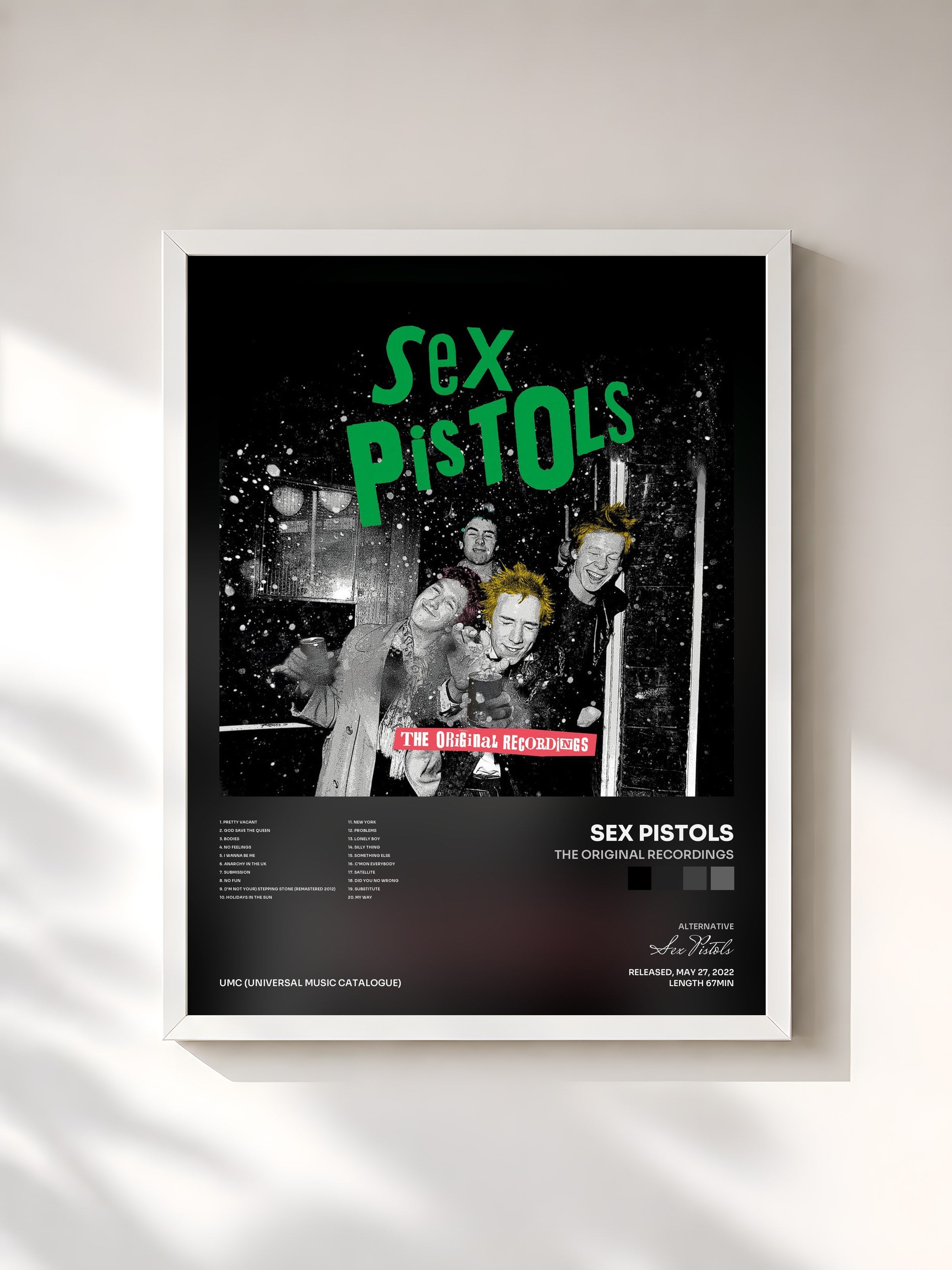 #blanc Tableau de l'album The Original Recordings de Sex Pistols, cadre blanc, imprimé et encadré en France