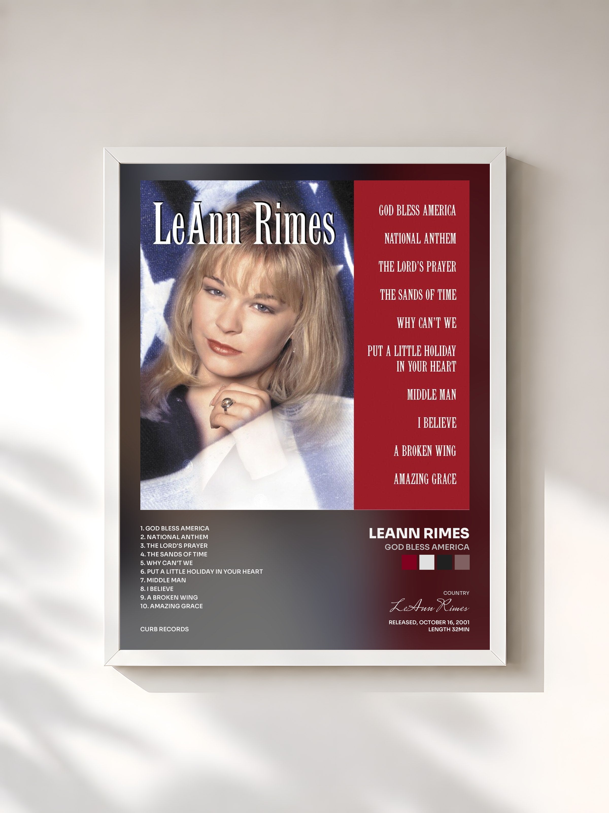 #blanc Tableau de l'album God Bless America de LeAnn Rimes, cadre blanc, imprimé et encadré en France