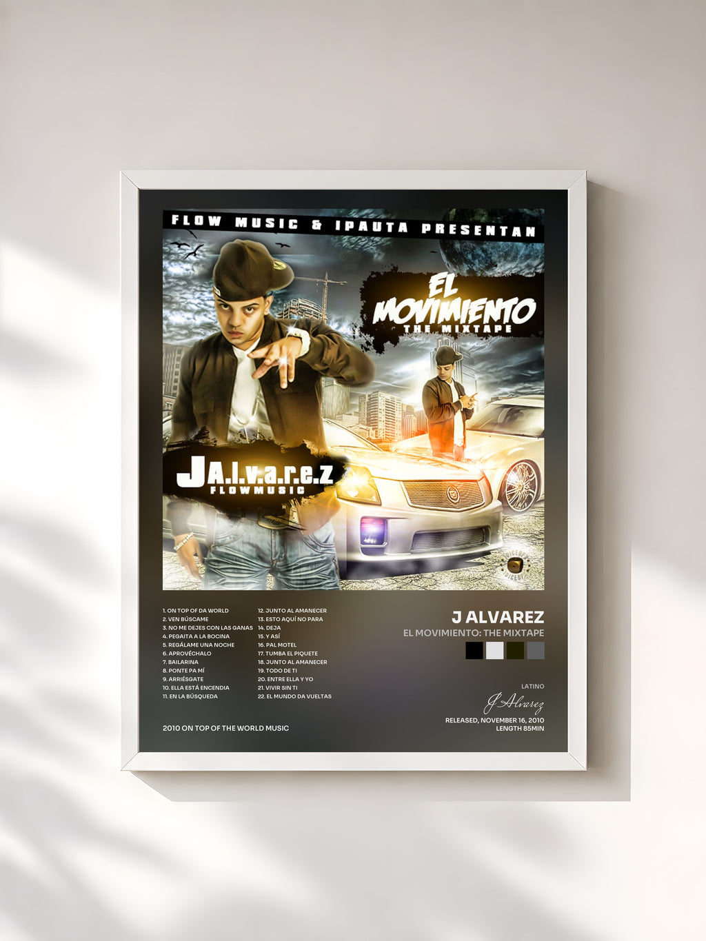 #blanc Tableau de l'album El Movimiento: The Mixtape de J Alvarez, cadre blanc, imprimé et encadré en France