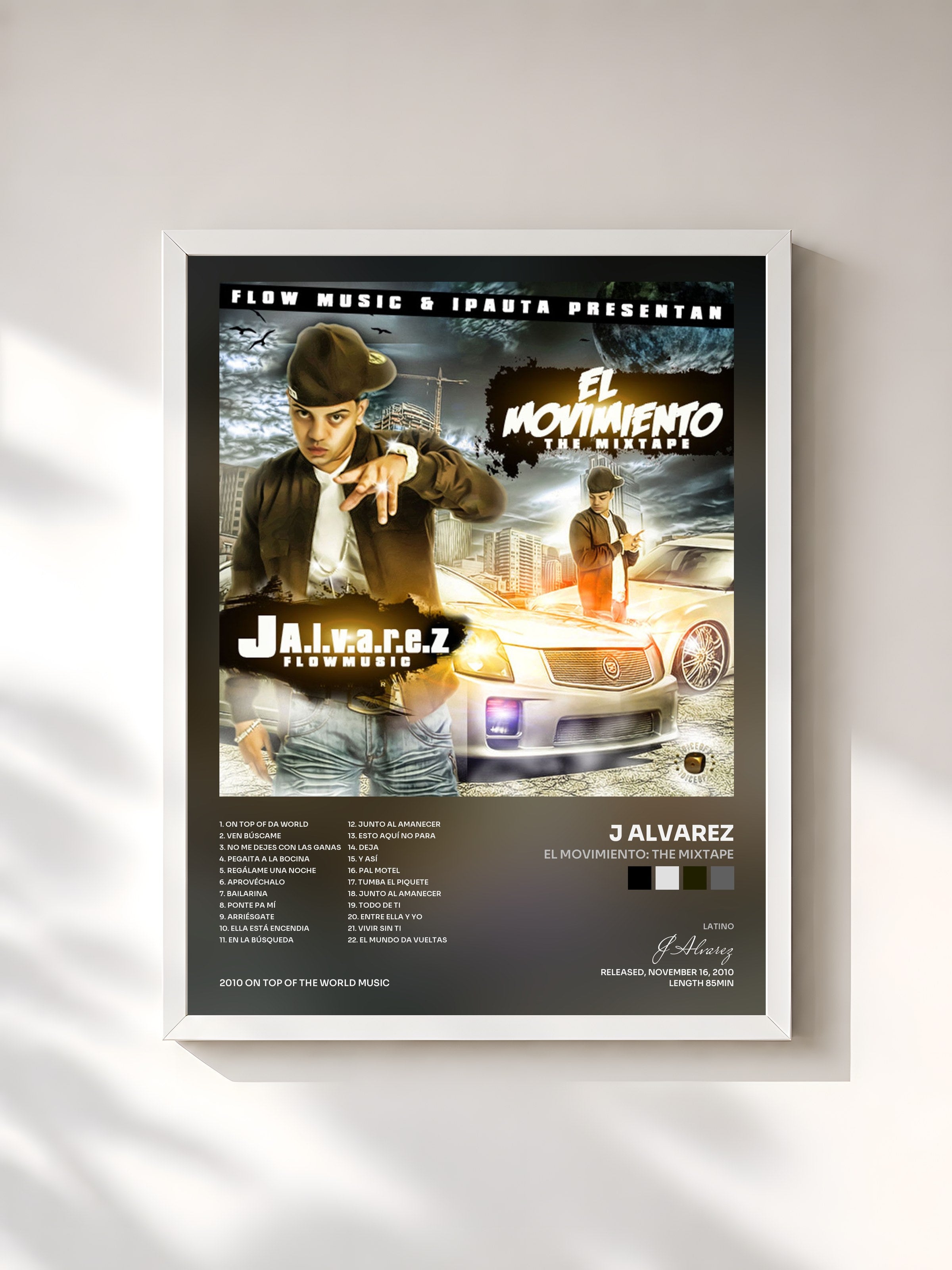 #blanc Tableau de l'album El Movimiento: The Mixtape de J Alvarez, cadre blanc, imprimé et encadré en France