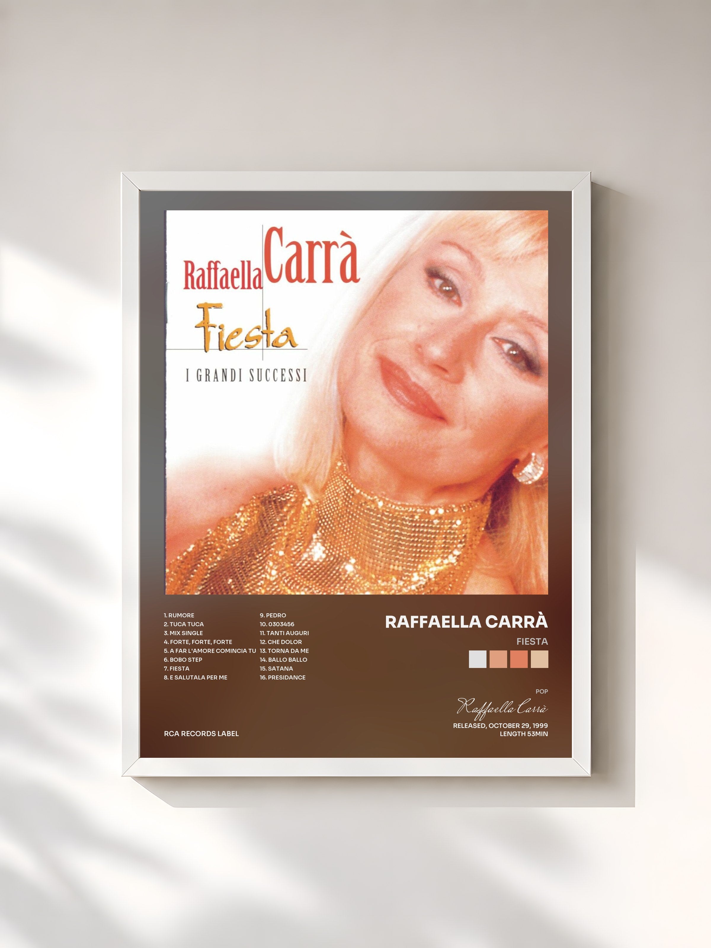 #blanc Tableau de l'album Fiesta de Raffaella Carrà, cadre blanc, imprimé et encadré en France