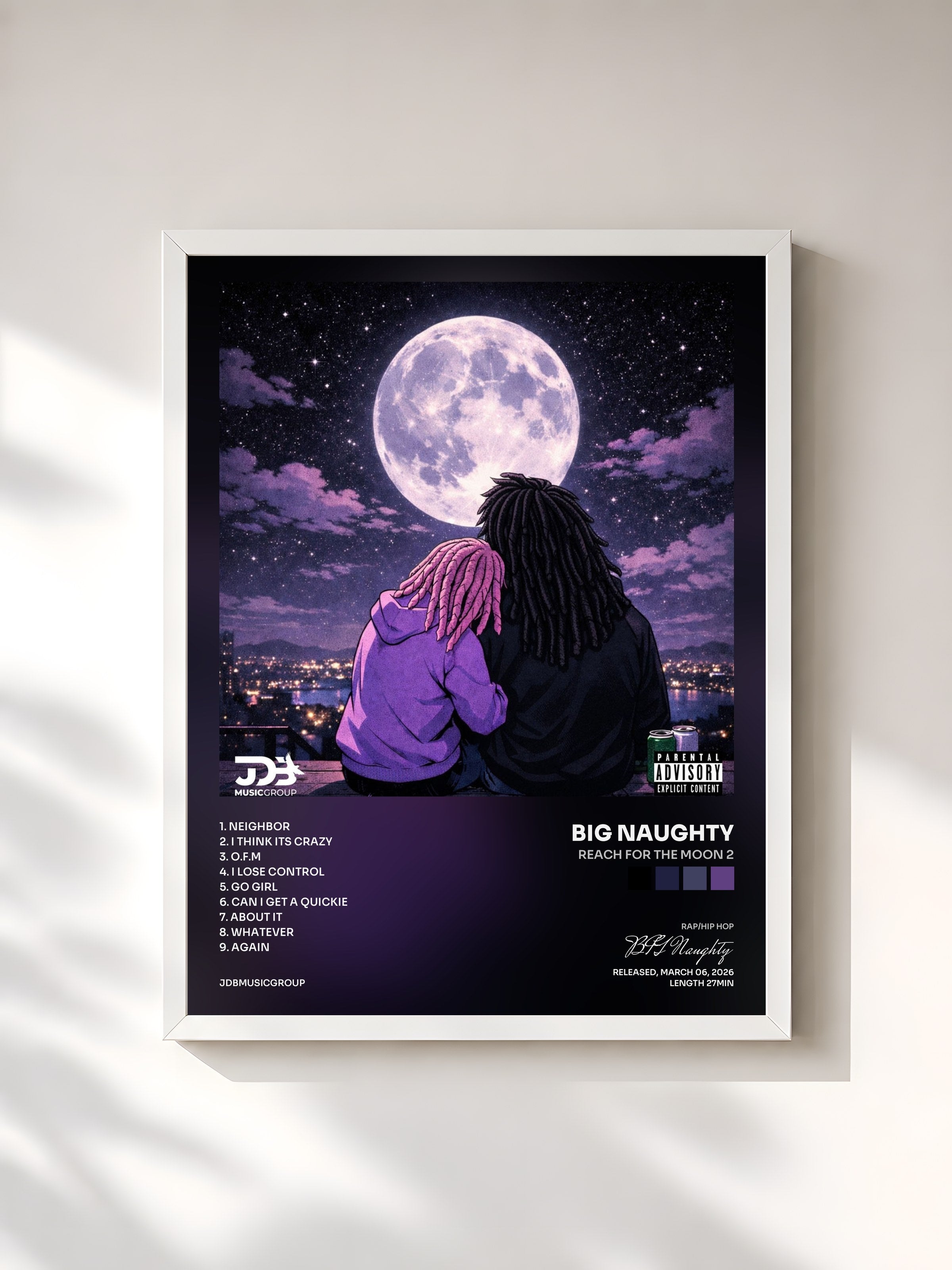 #blanc Tableau de l'album Reach For The Moon 2 de BIG Naughty, cadre blanc, imprimé et encadré en France