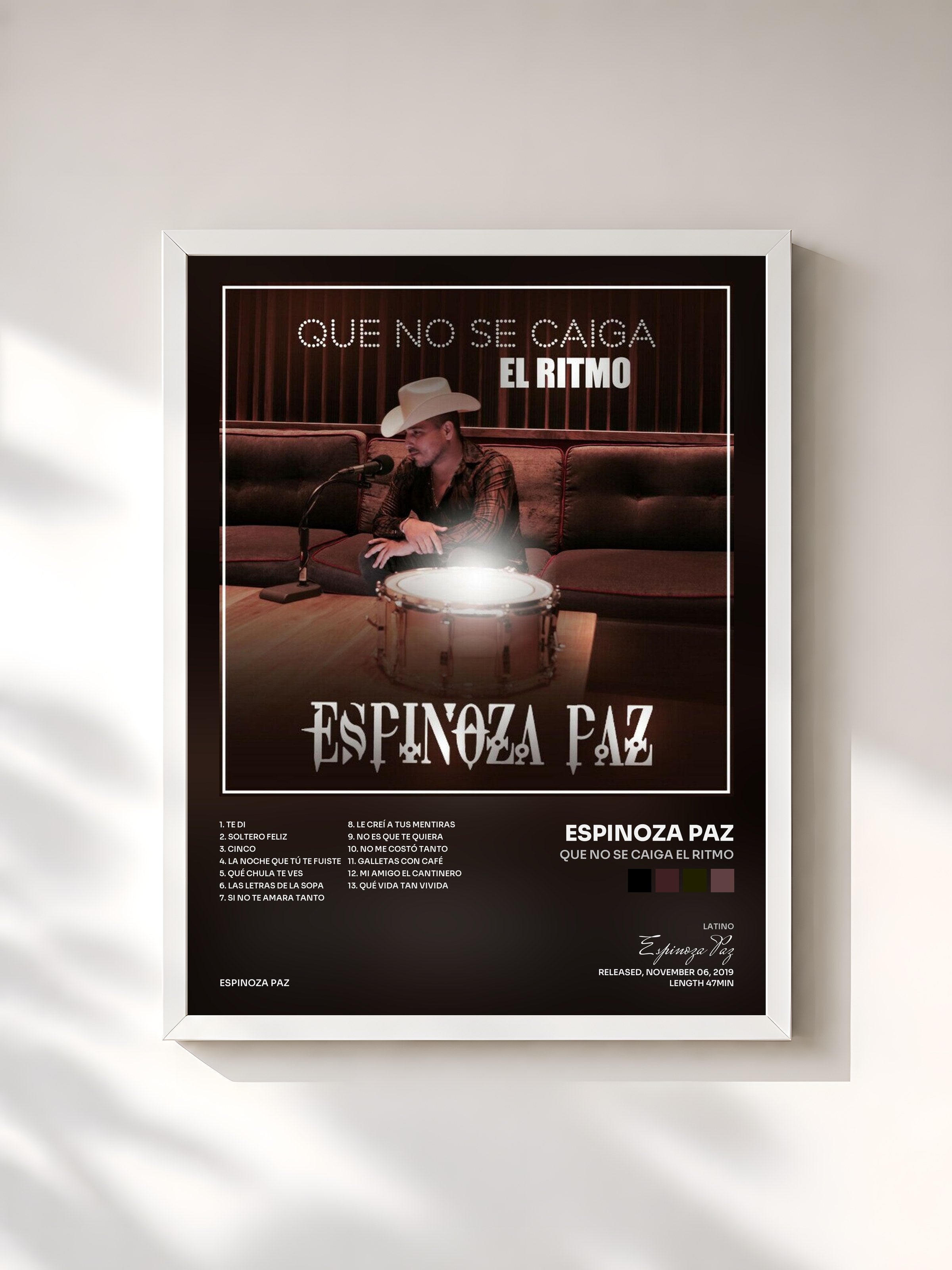 #blanc Tableau de l'album Que No Se Caiga el Ritmo de Espinoza Paz, cadre blanc, imprimé et encadré en France