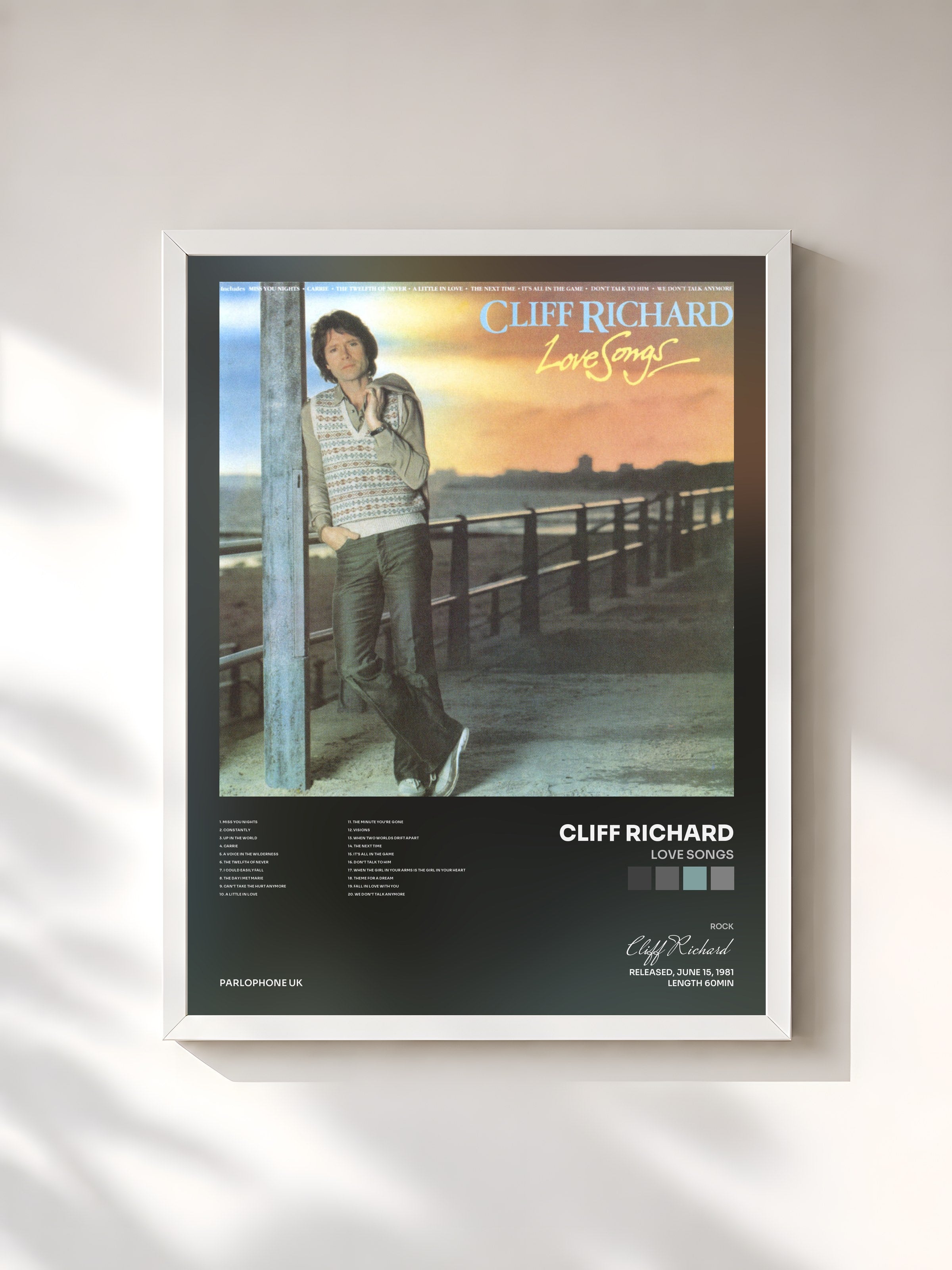 #blanc Tableau de l'album Love Songs de Cliff Richard, cadre blanc, imprimé et encadré en France