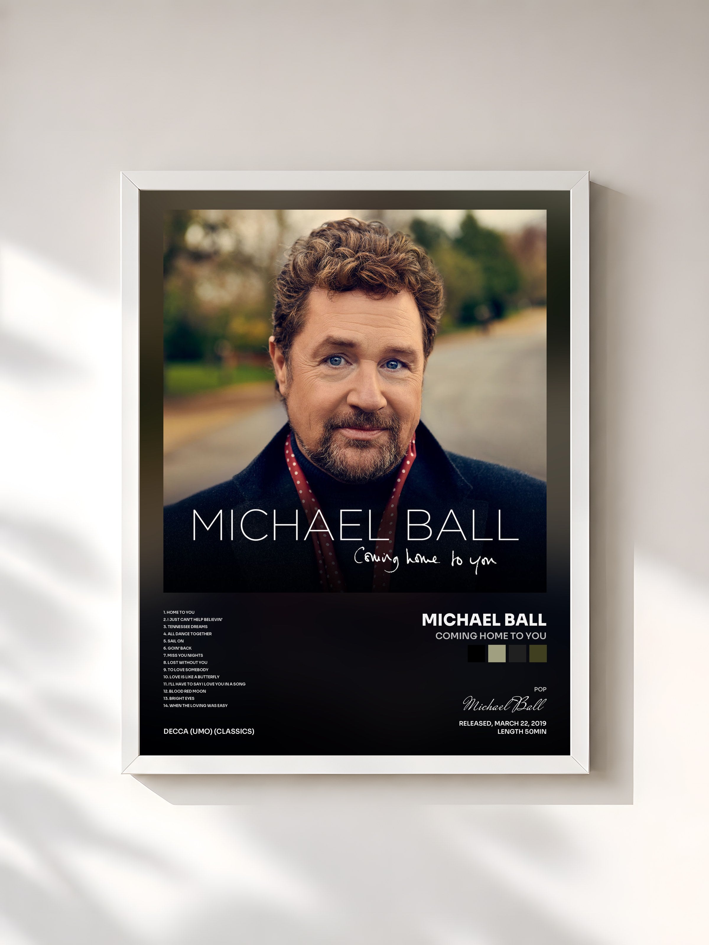 #blanc Tableau de l'album Coming Home To You de Michael Ball, cadre blanc, imprimé et encadré en France