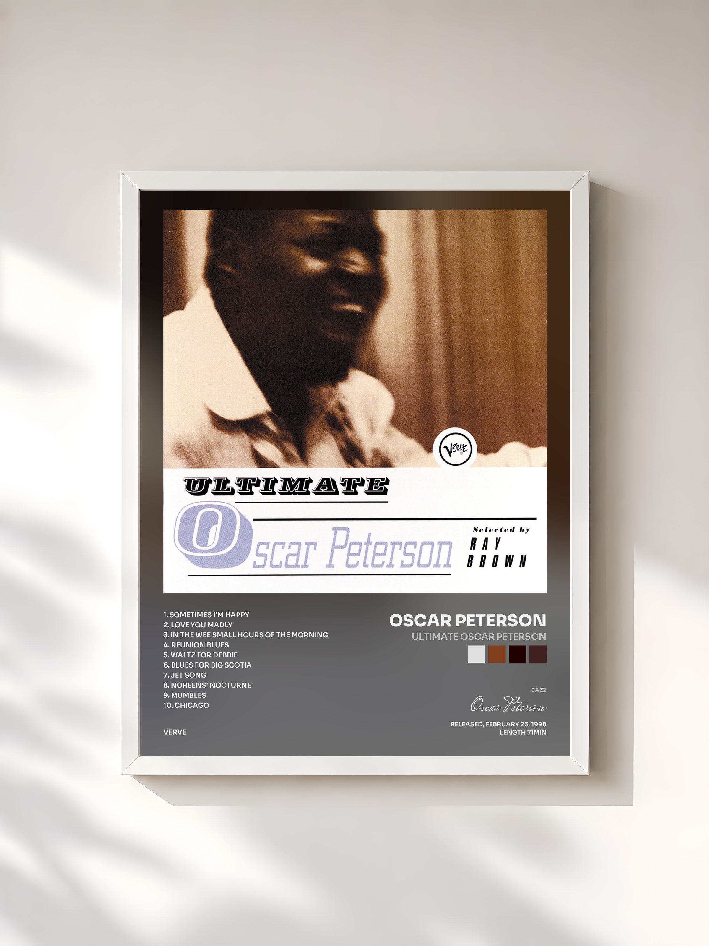 #blanc Tableau de l'album Ultimate Oscar Peterson de Oscar Peterson, cadre blanc, imprimé et encadré en France