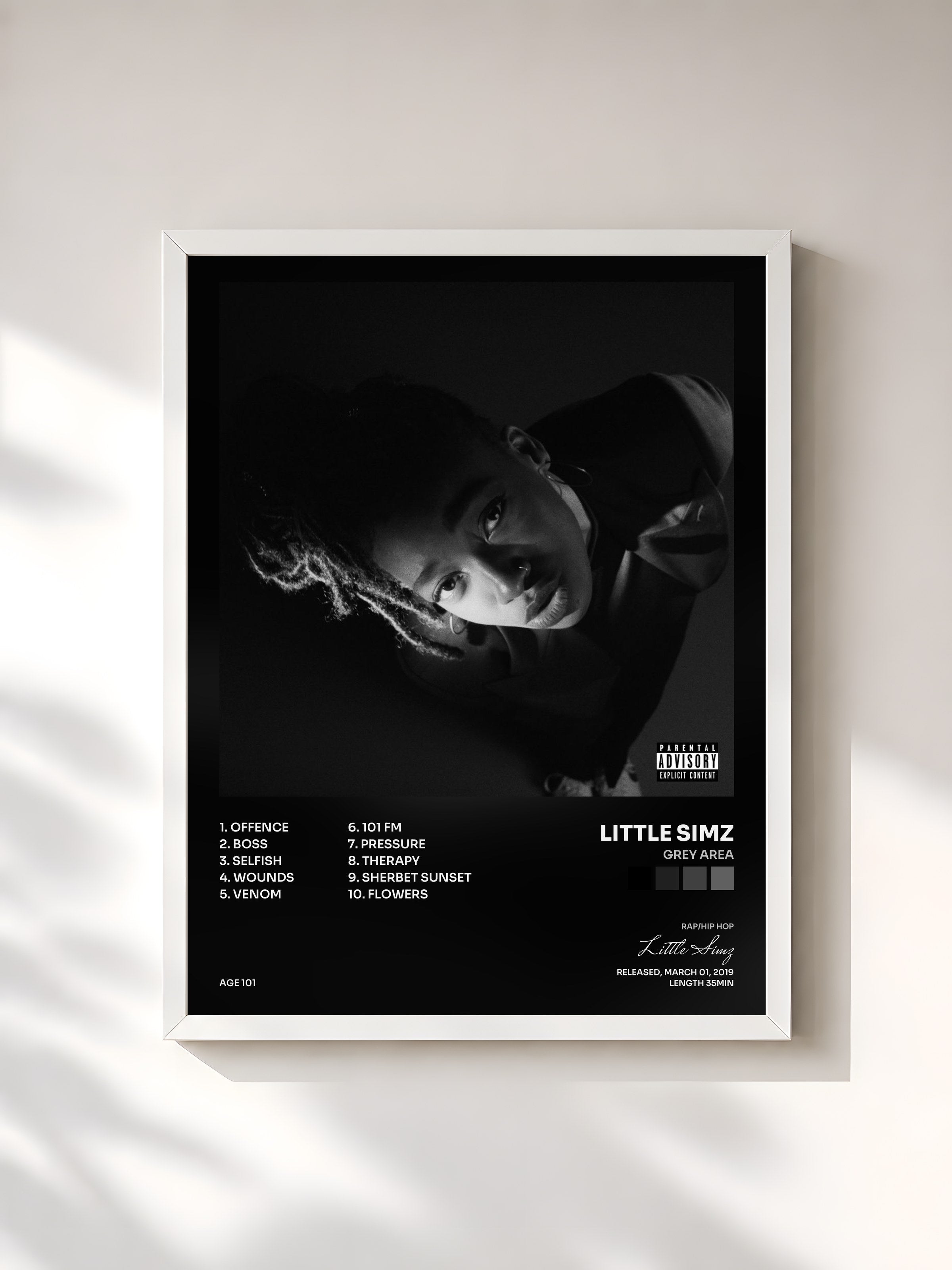 #blanc Tableau de l'album GREY Area de Little Simz, cadre blanc, imprimé et encadré en France