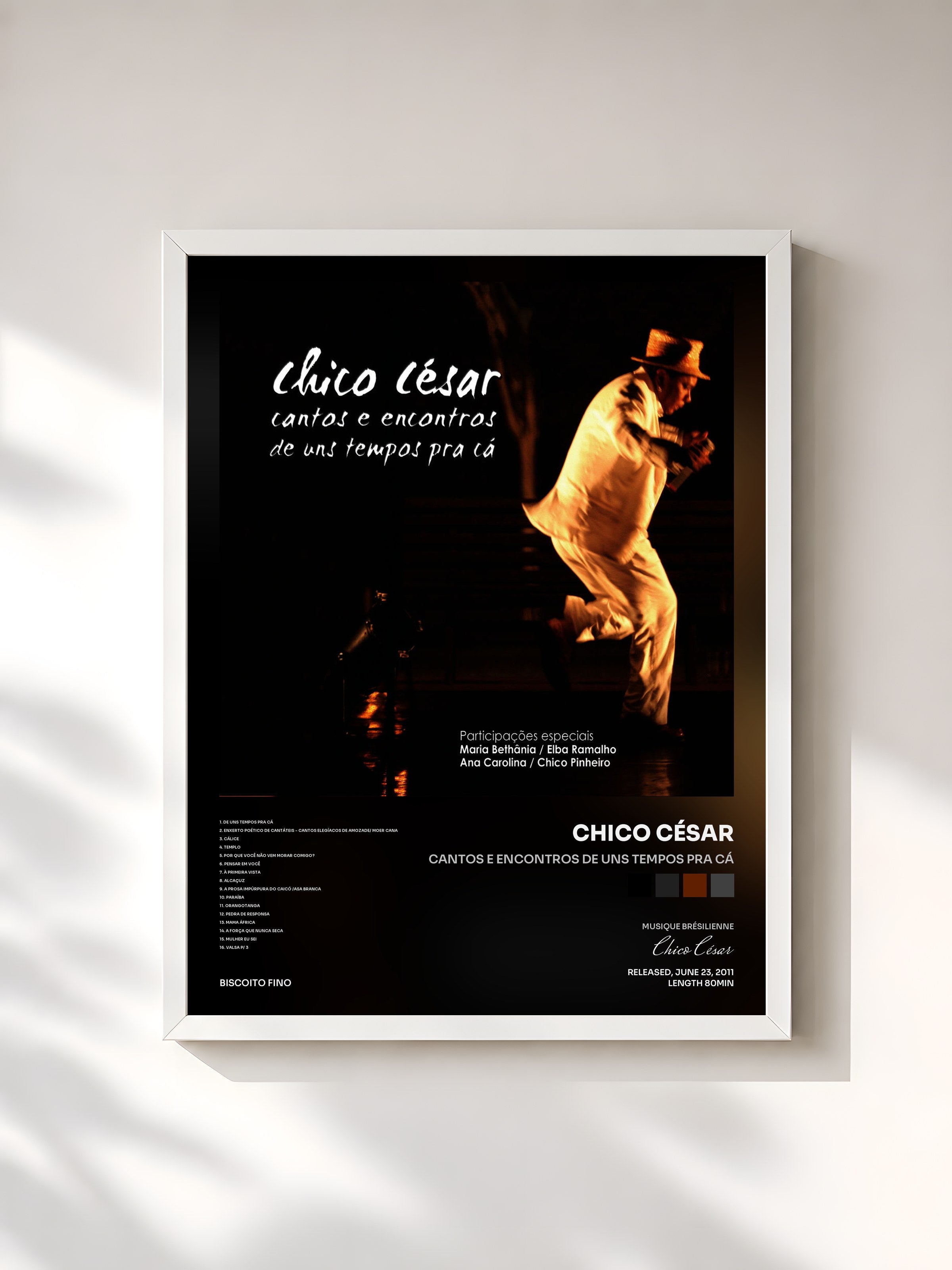 #blanc Tableau de l'album Cantos e Encontros de uns tempos pra cá de Chico César, cadre blanc, imprimé et encadré en France