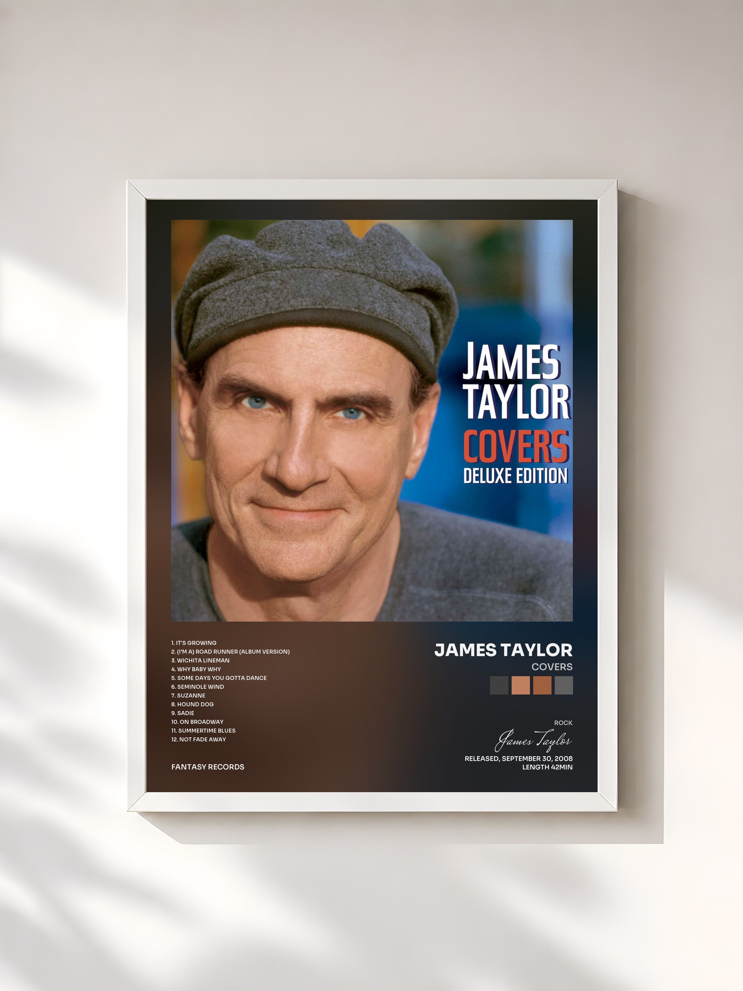 #blanc Tableau de l'album Covers de James Taylor, cadre blanc, imprimé et encadré en France