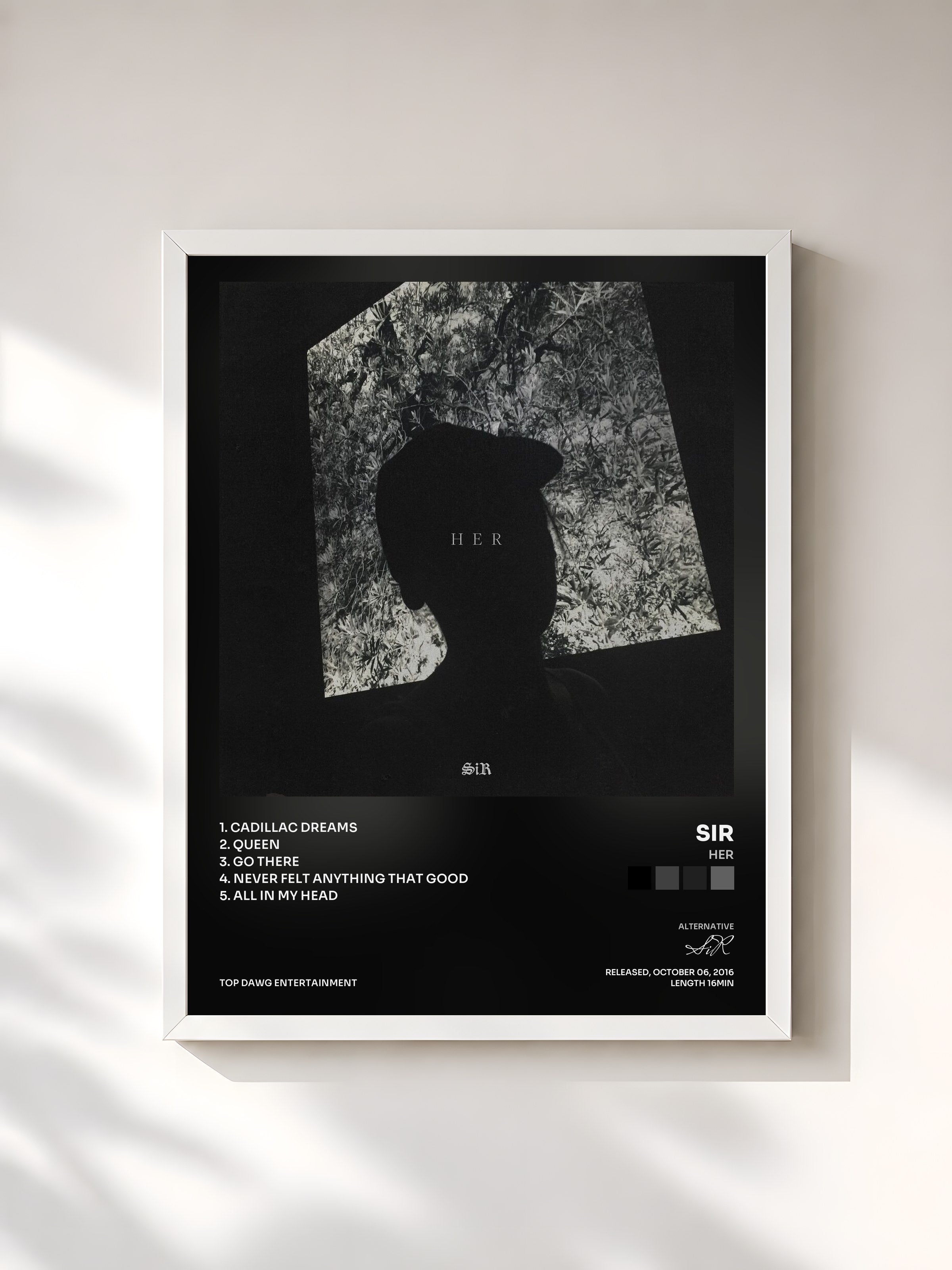 #blanc Tableau de l'album HER de SiR, cadre blanc, imprimé et encadré en France