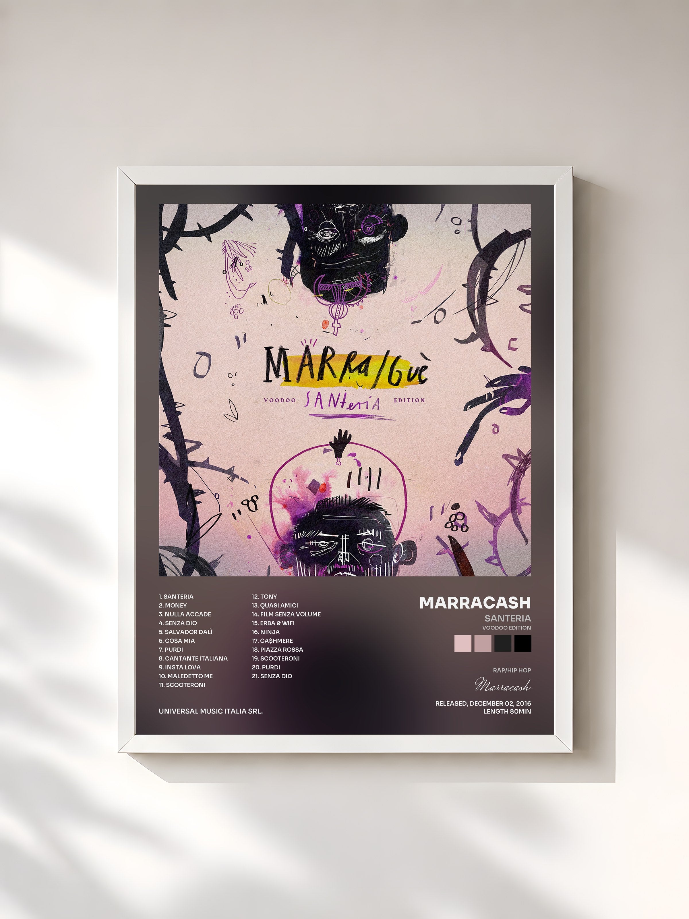 #blanc Tableau de l'album Santeria (Voodoo Edition) de Marracash, cadre blanc, imprimé et encadré en France