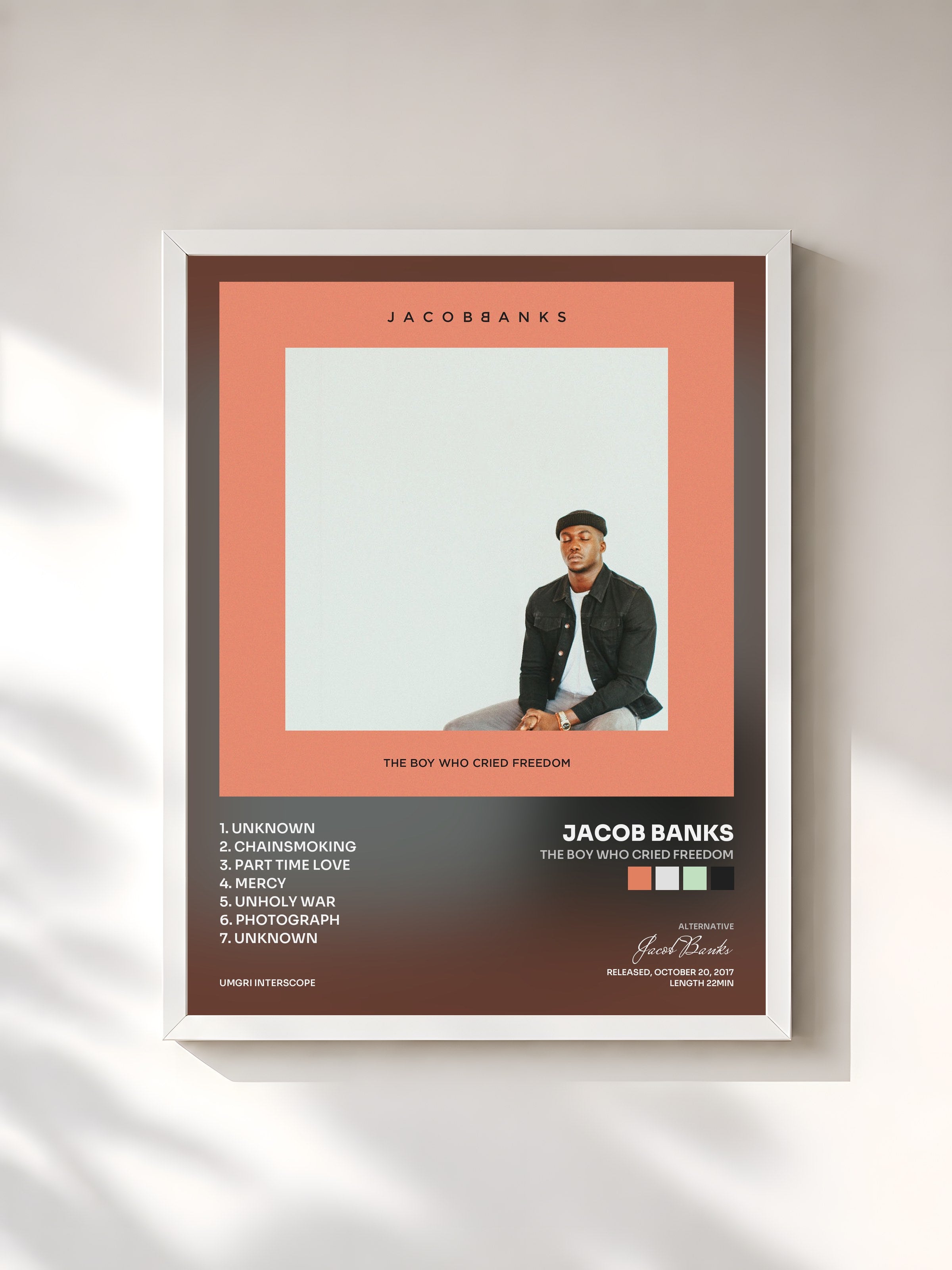 #blanc Tableau de l'album The Boy Who Cried Freedom de Jacob Banks, cadre blanc, imprimé et encadré en France
