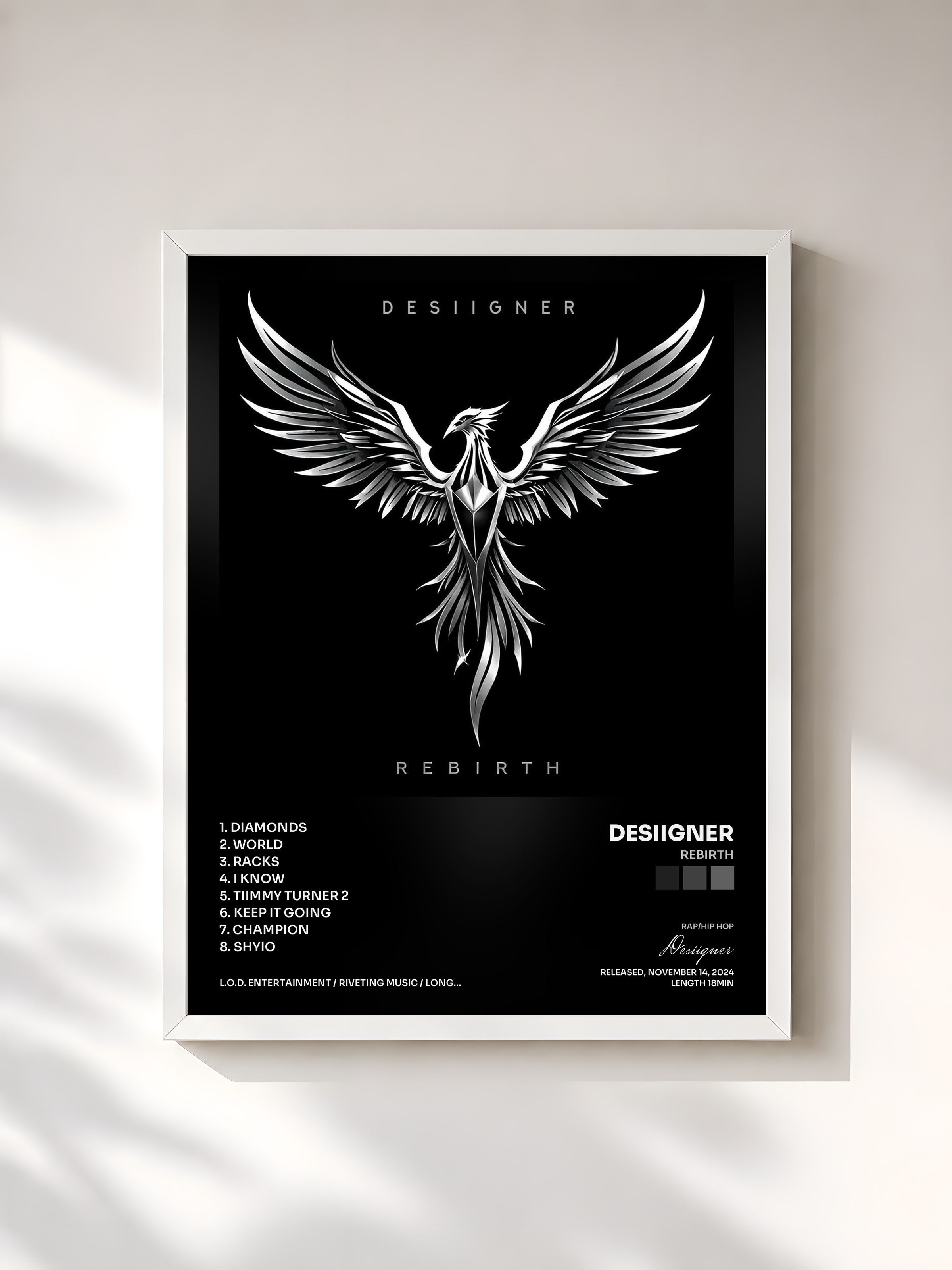 #blanc Tableau de l'album Rebirth de Desiigner, cadre blanc, imprimé et encadré en France