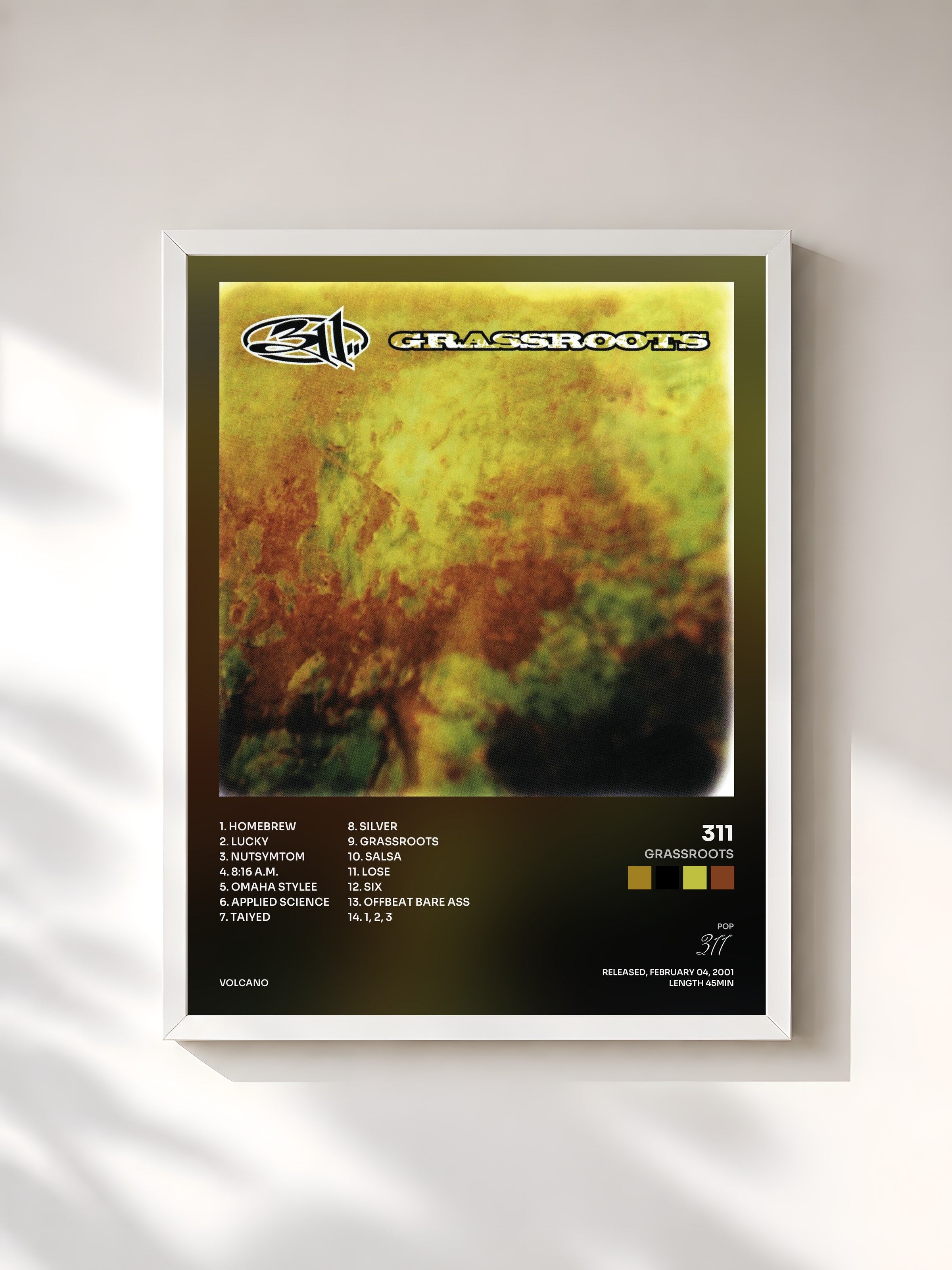 #blanc Tableau de l'album Grassroots de 311, cadre blanc, imprimé et encadré en France