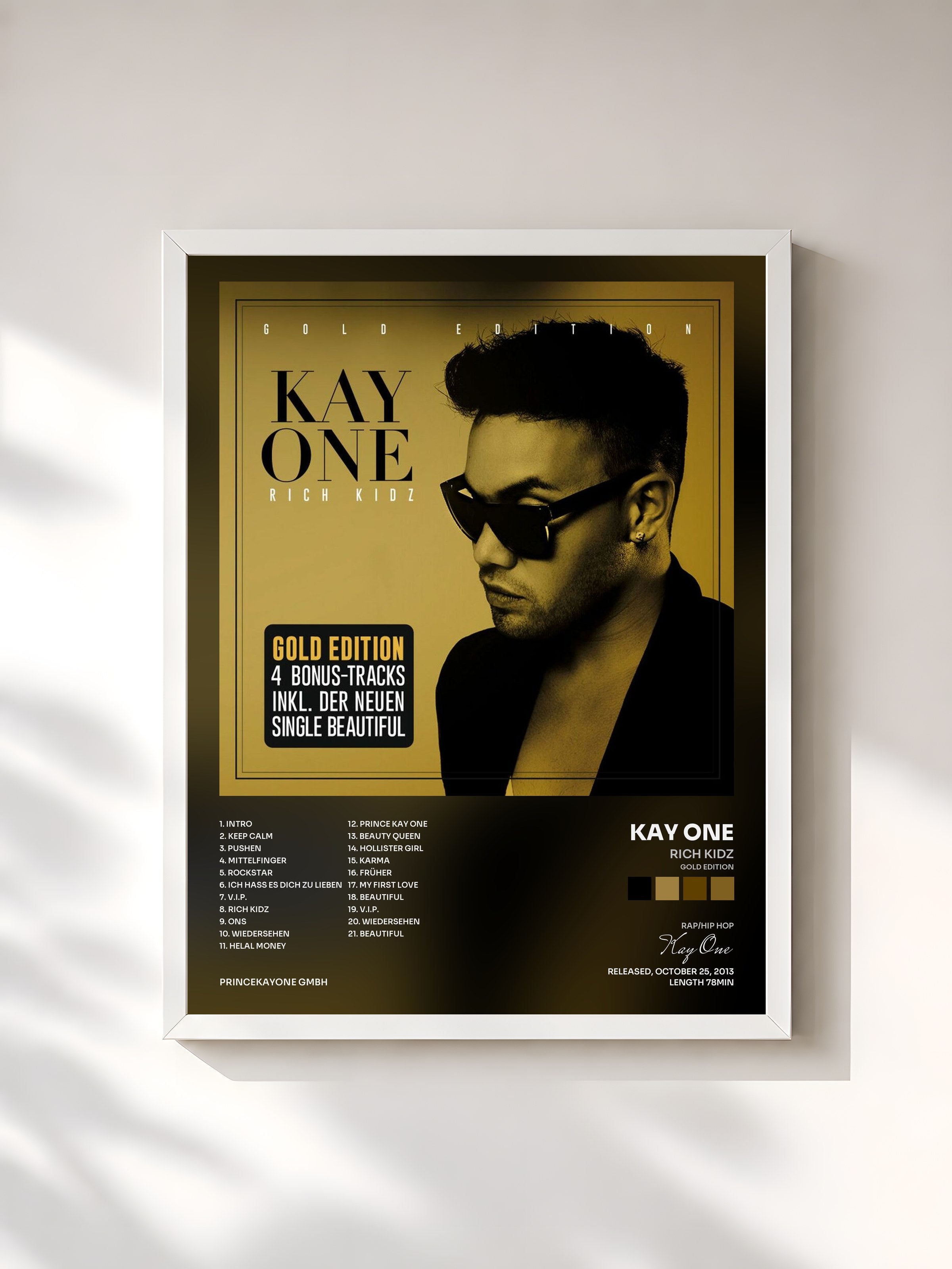 #blanc Tableau de l'album Rich Kidz (Gold Edition) de Kay One, cadre blanc, imprimé et encadré en France