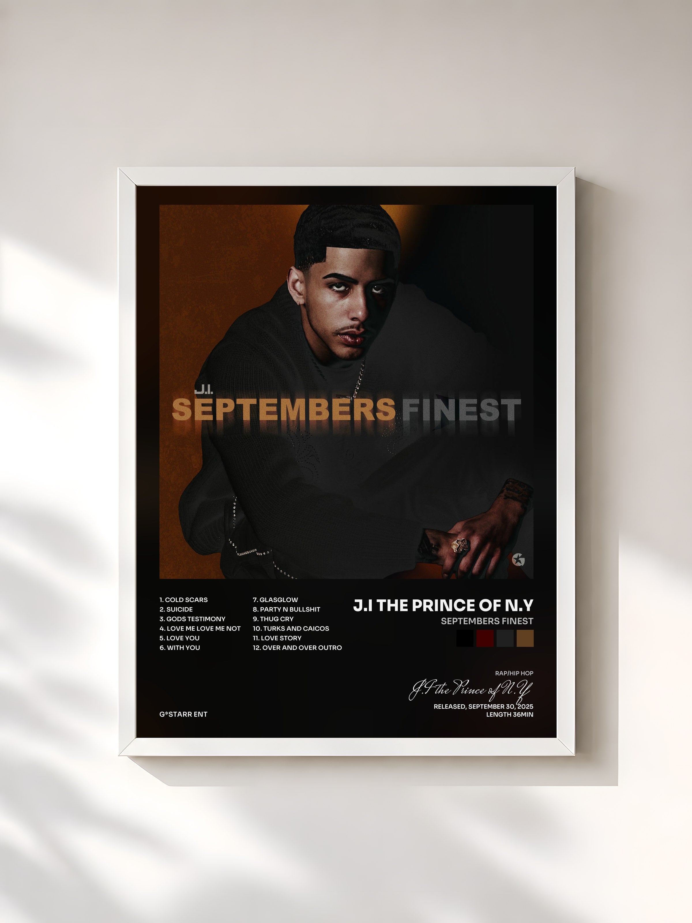 #blanc Tableau de l'album Septembers Finest de J.I the Prince of N.Y, cadre blanc, imprimé et encadré en France