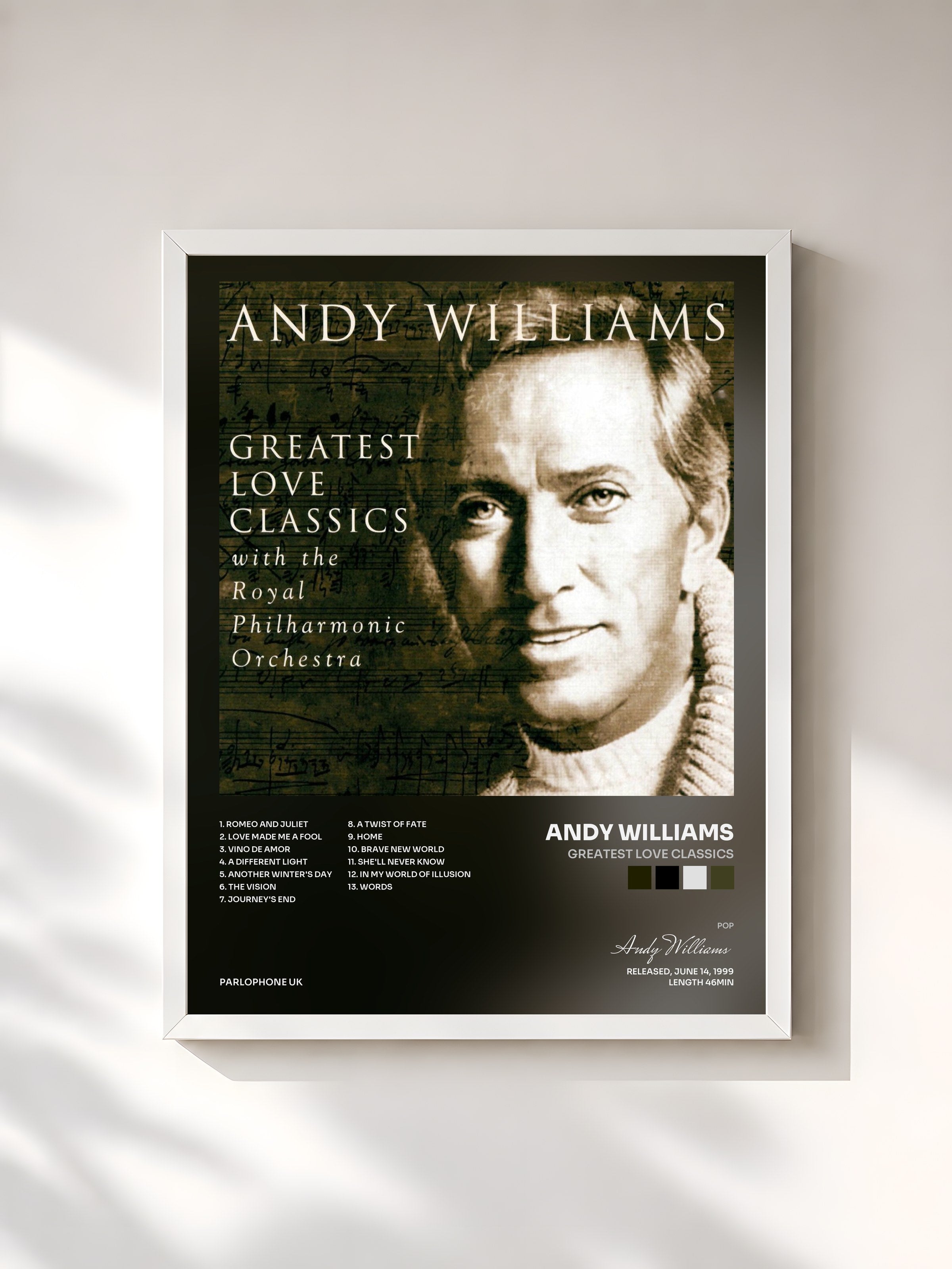 #blanc Tableau de l'album Greatest Love Classics de Andy Williams, cadre blanc, imprimé et encadré en France