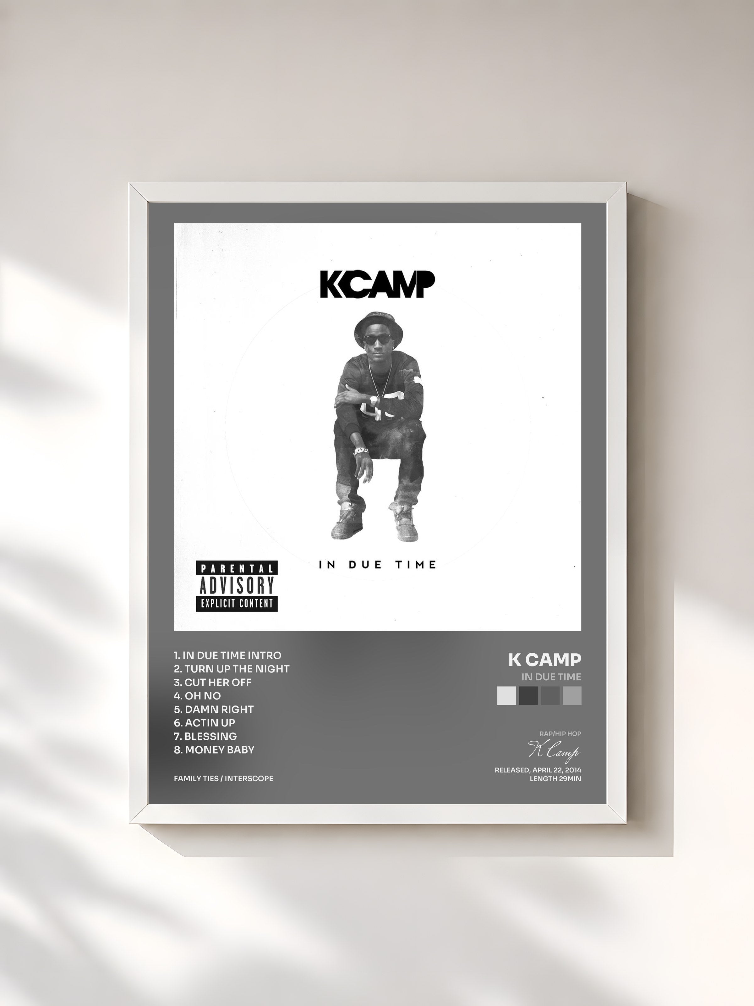 #blanc Tableau de l'album In Due Time de K Camp, cadre blanc, imprimé et encadré en France