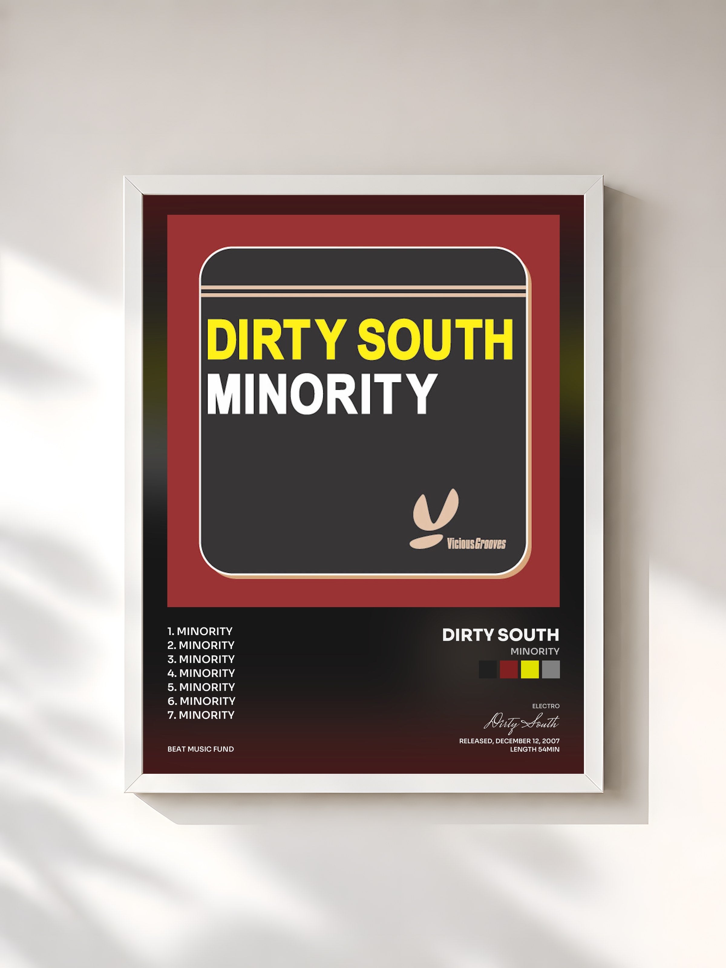 #blanc Tableau de l'album Minority de Dirty South, cadre blanc, imprimé et encadré en France