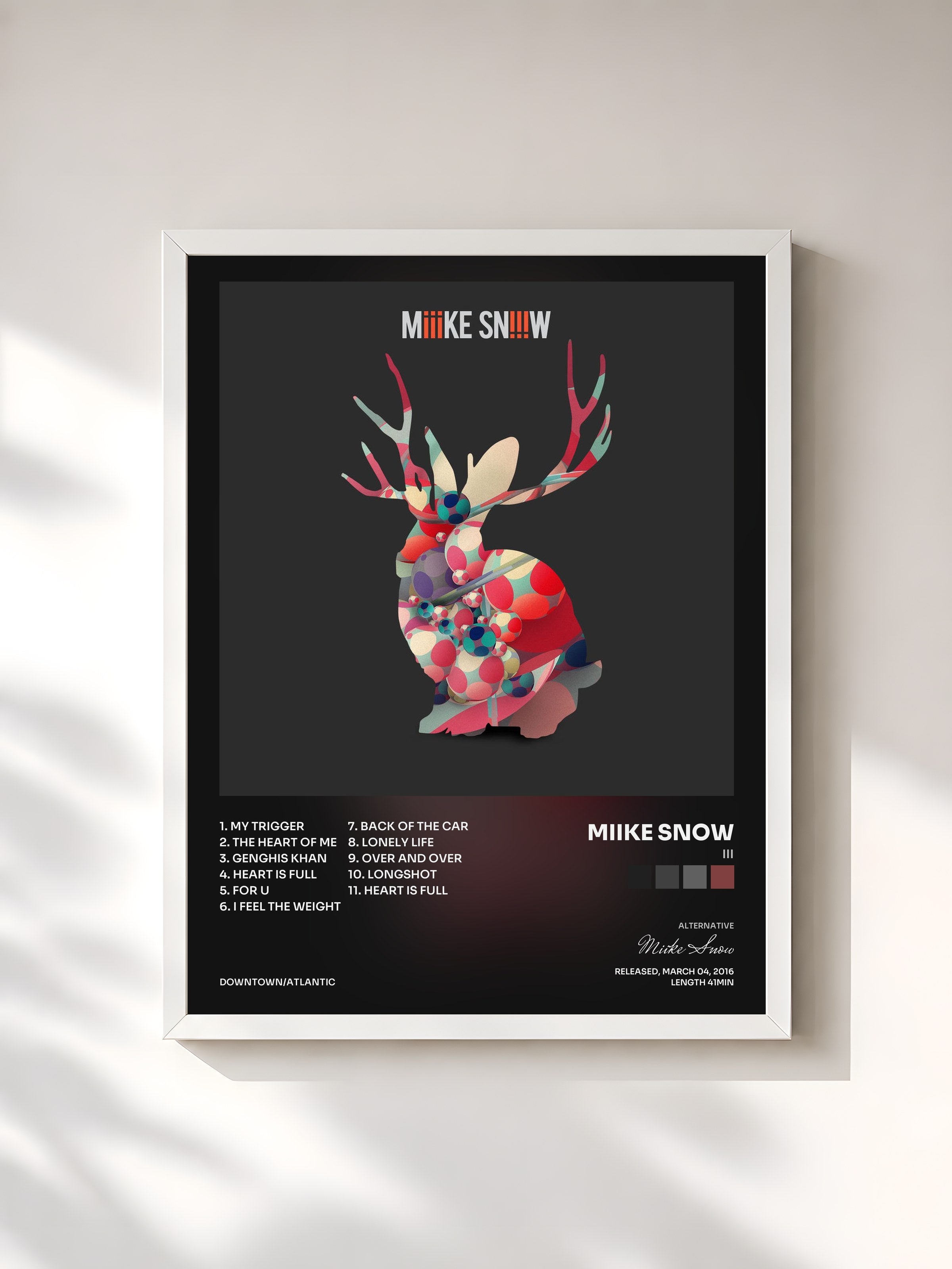 #blanc Tableau de l'album iii de Miike Snow, cadre blanc, imprimé et encadré en France