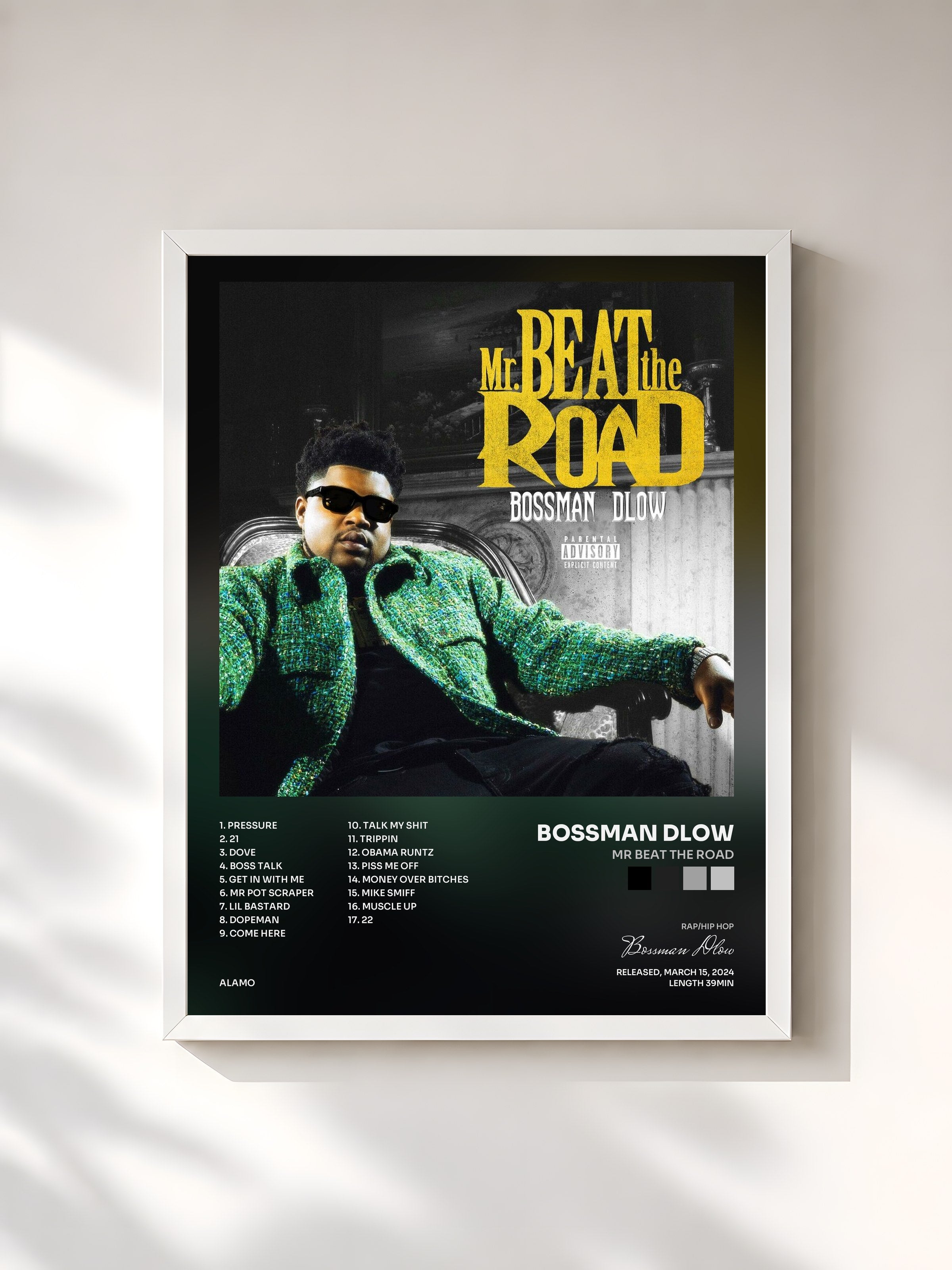 #blanc Tableau de l'album Mr Beat The Road de Bossman Dlow, cadre blanc, imprimé et encadré en France