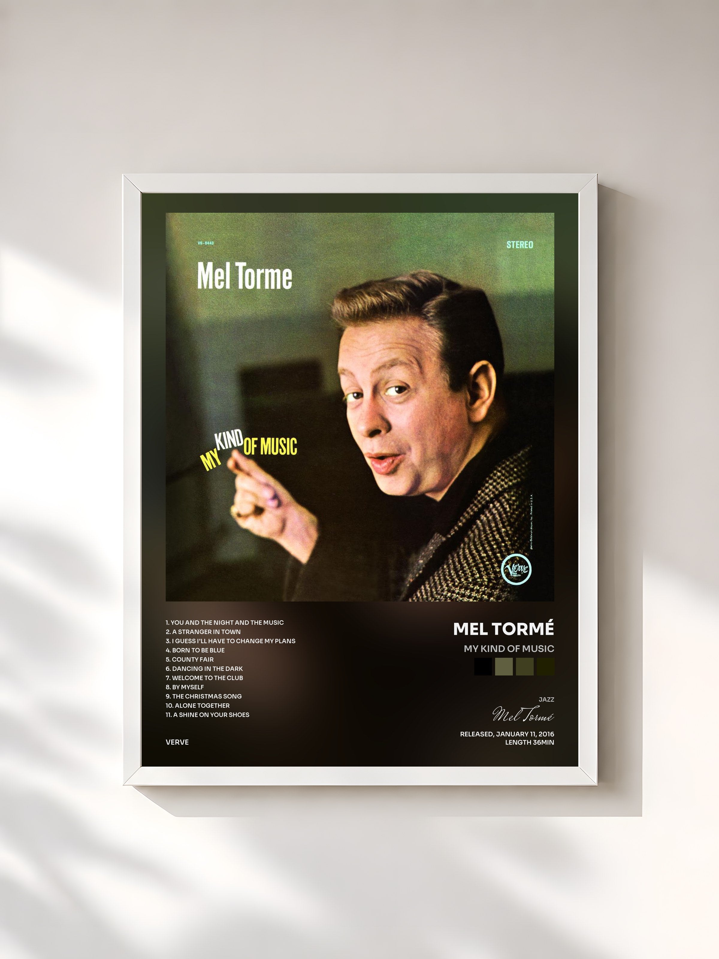 #blanc Tableau de l'album My Kind Of Music de Mel Tormé, cadre blanc, imprimé et encadré en France