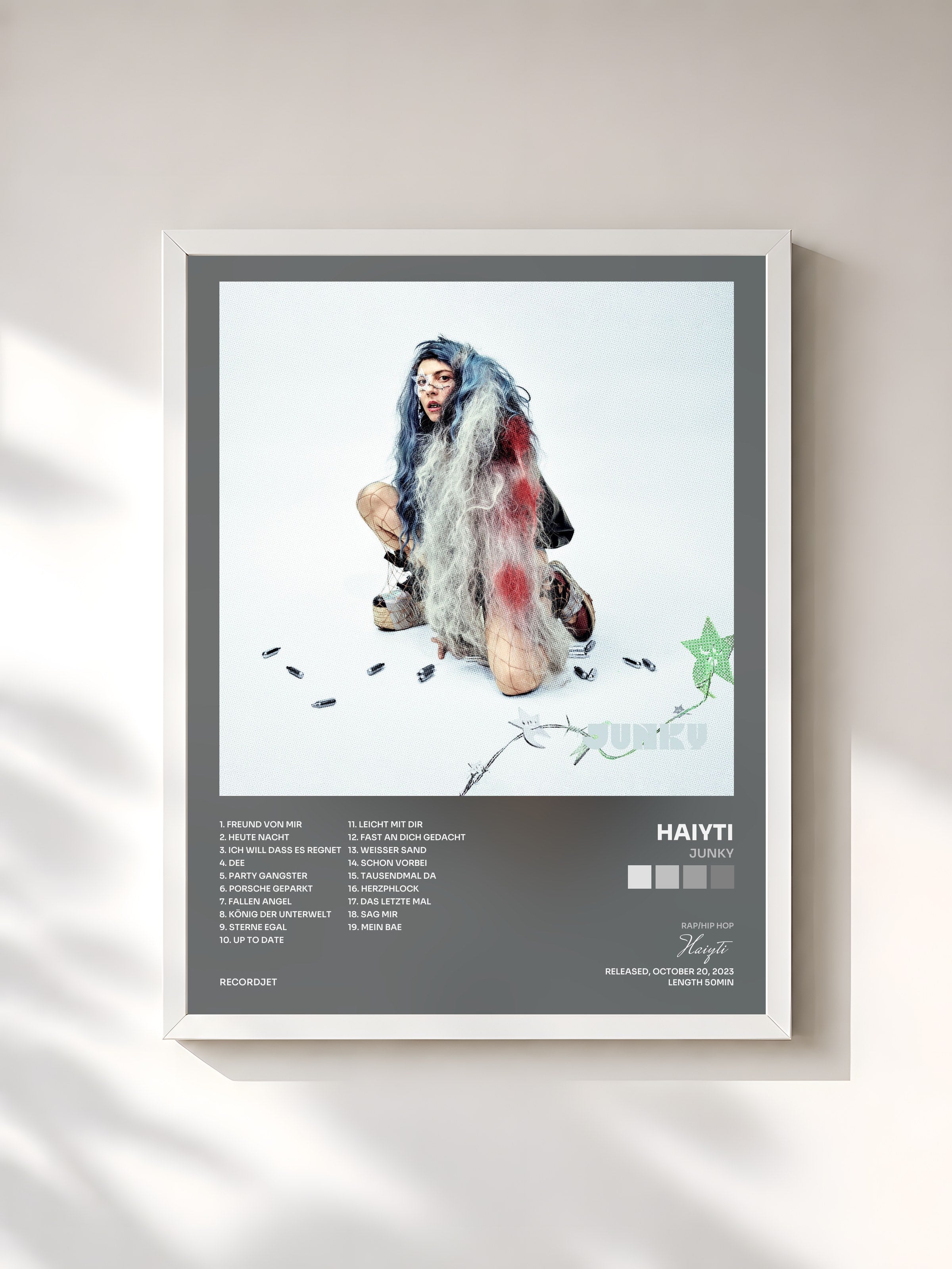 #blanc Tableau de l'album JUNKY de Haiyti, cadre blanc, imprimé et encadré en France