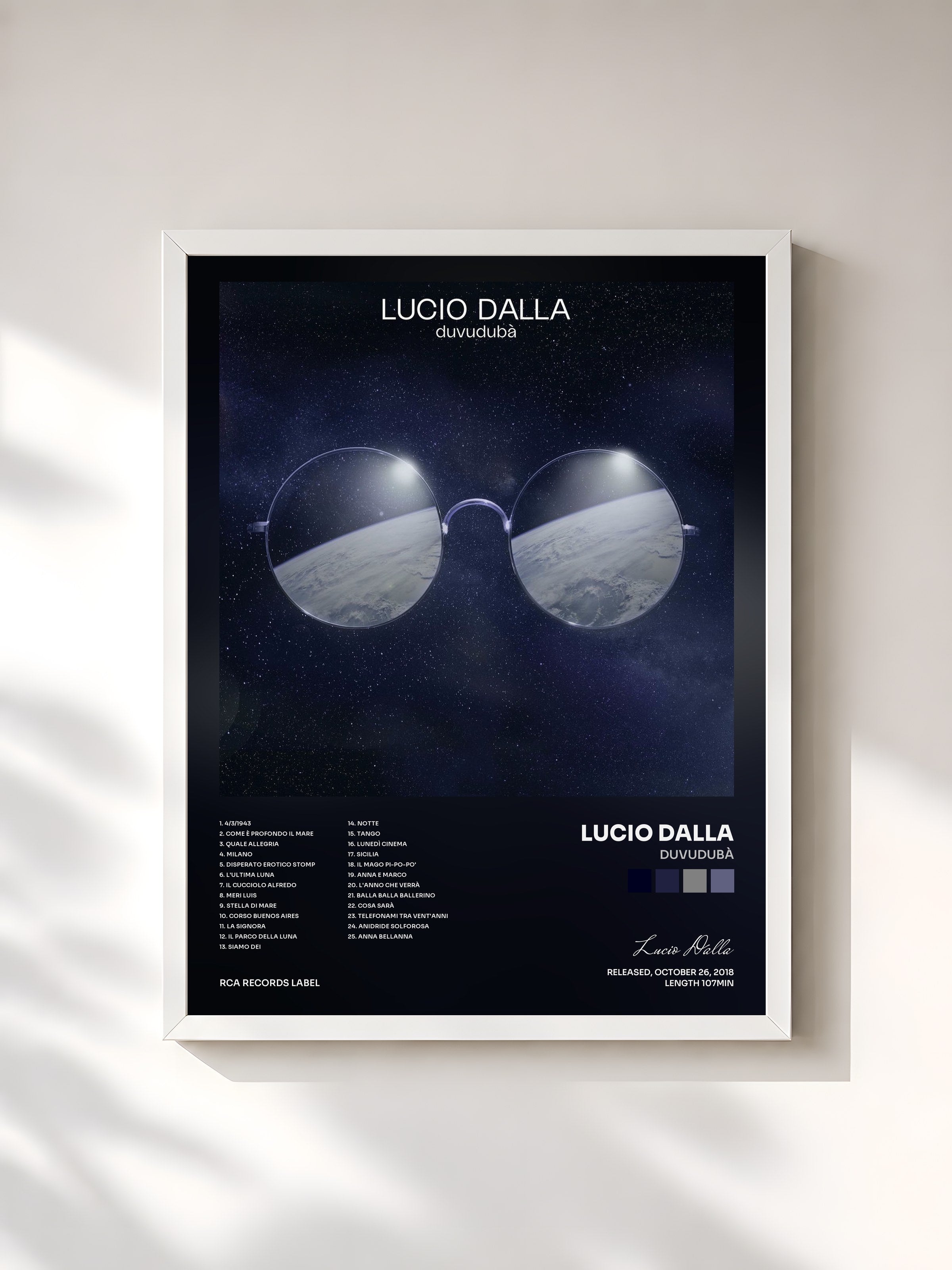 #blanc Tableau de l'album duvudubà de Lucio Dalla, cadre blanc, imprimé et encadré en France