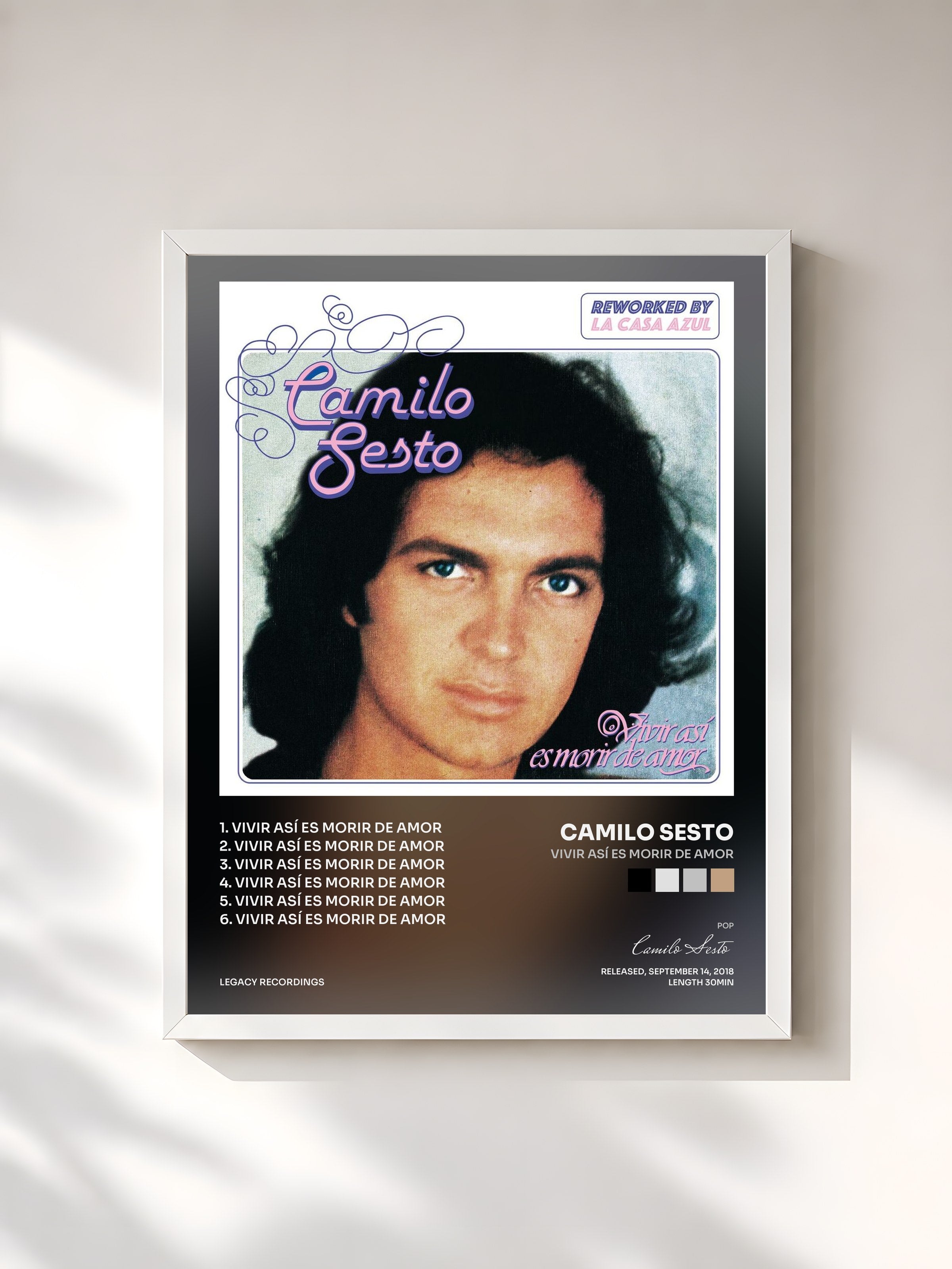 #blanc Tableau de l'album Vivir Así Es Morir de Amor de Camilo Sesto, cadre blanc, imprimé et encadré en France