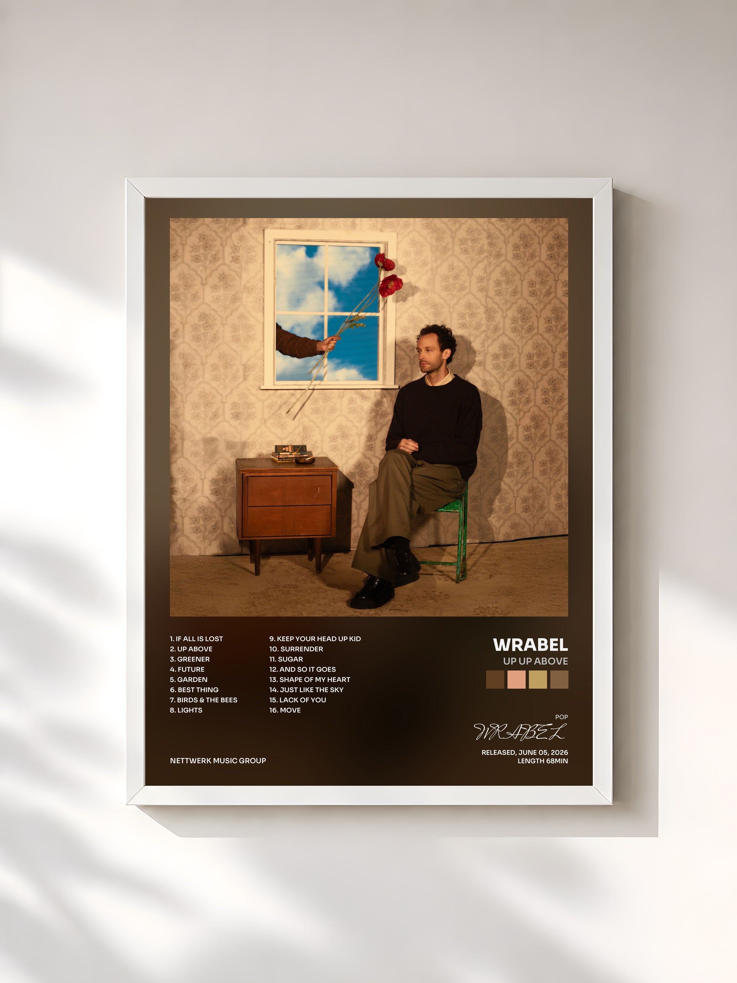 #blanc Tableau de l'album up up above de WRABEL, cadre blanc, imprimé et encadré en France