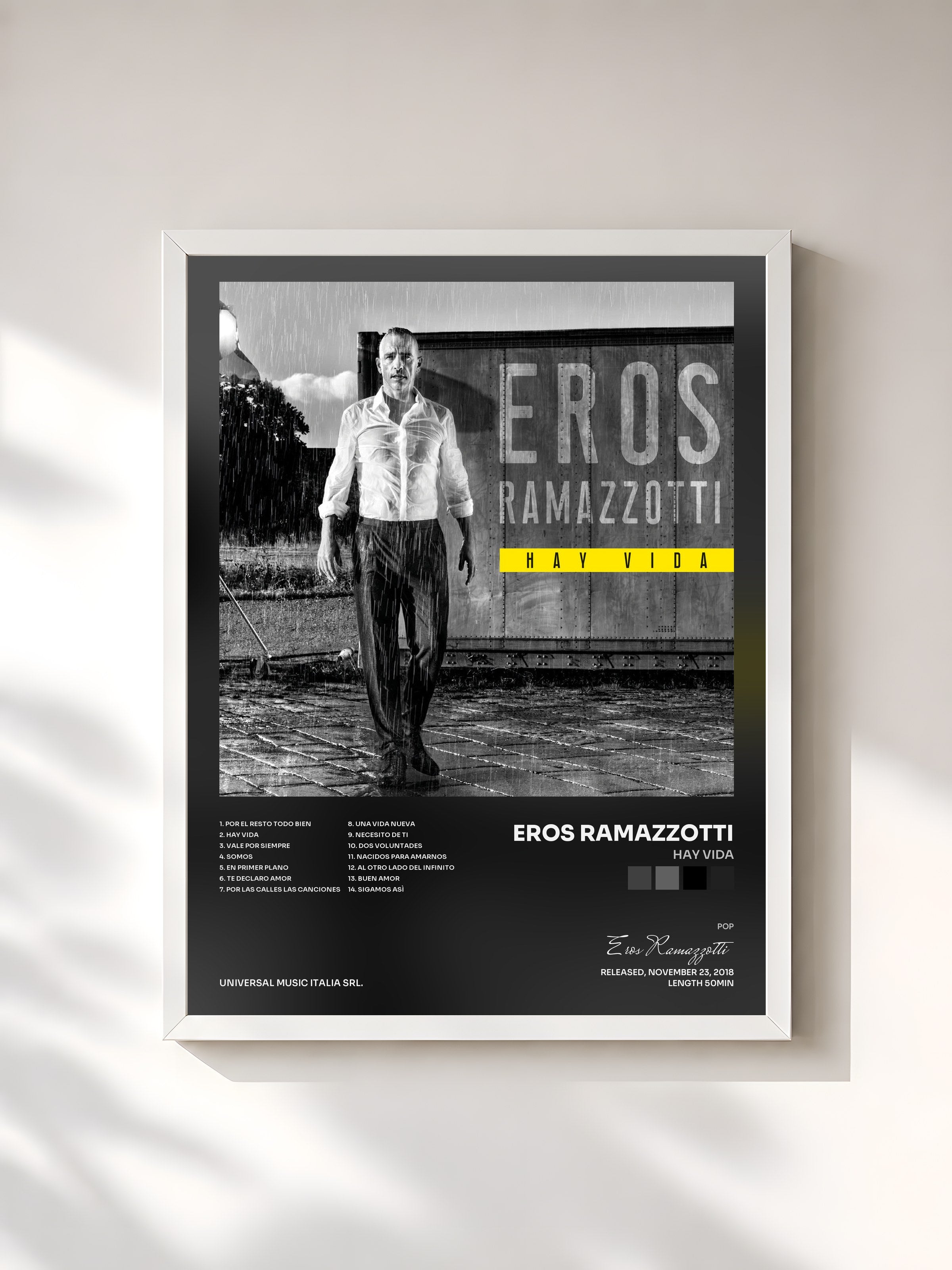 #blanc Tableau de l'album Hay Vida de Eros Ramazzotti, cadre blanc, imprimé et encadré en France