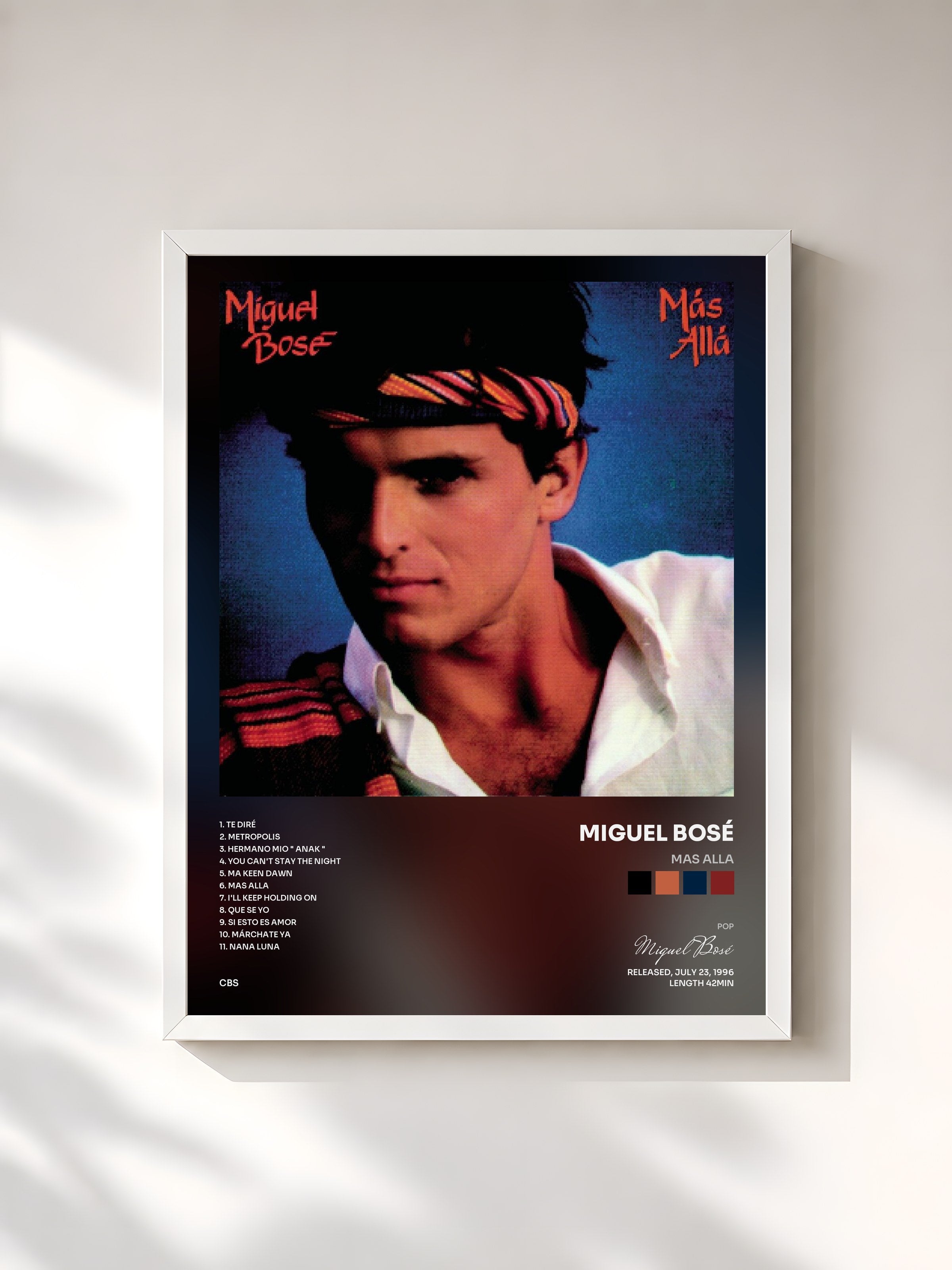 #blanc Tableau de l'album Mas Alla de Miguel Bosé, cadre blanc, imprimé et encadré en France