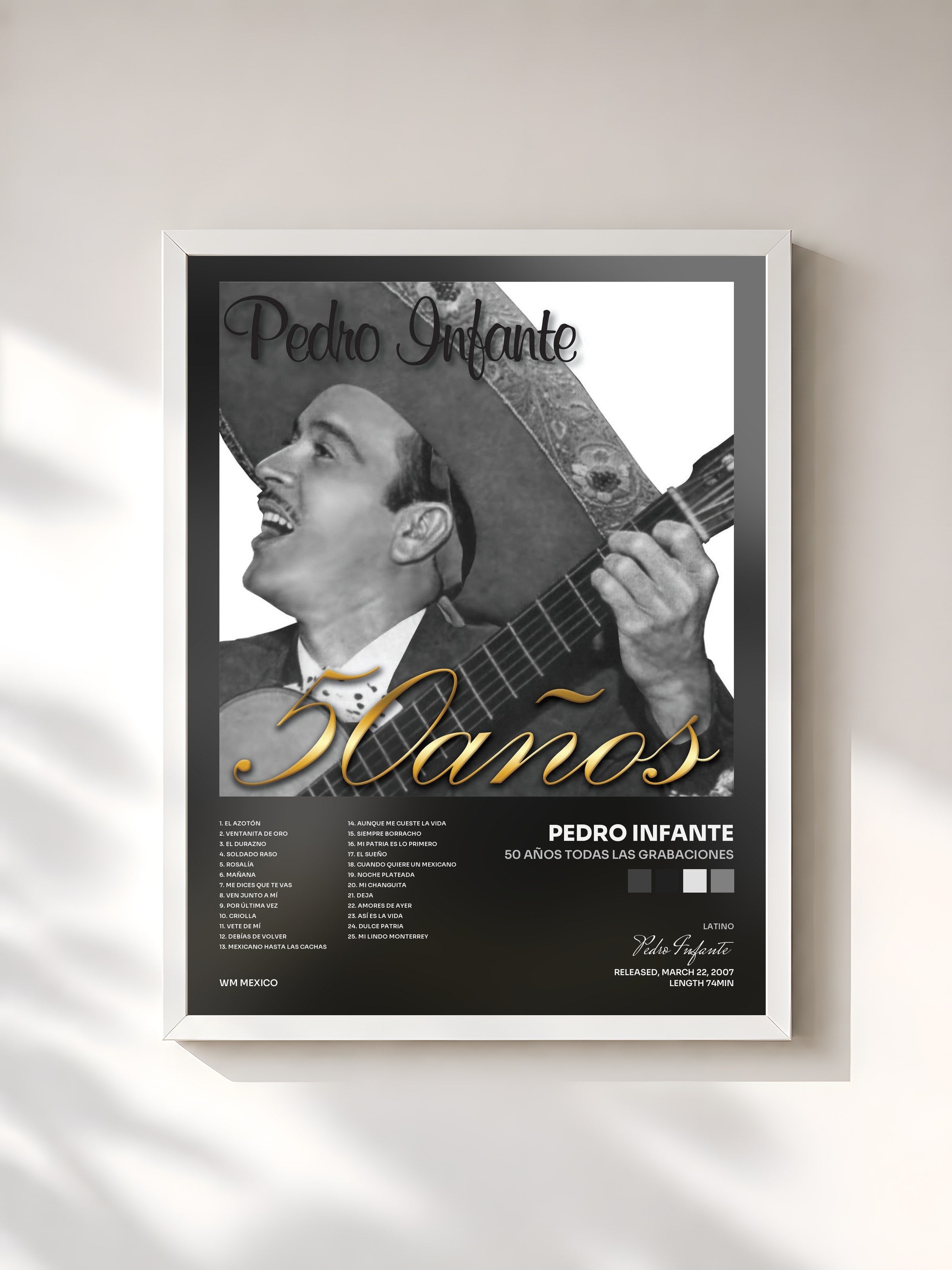 #blanc Tableau de l'album 50 años todas las grabaciones de Pedro Infante, cadre blanc, imprimé et encadré en France