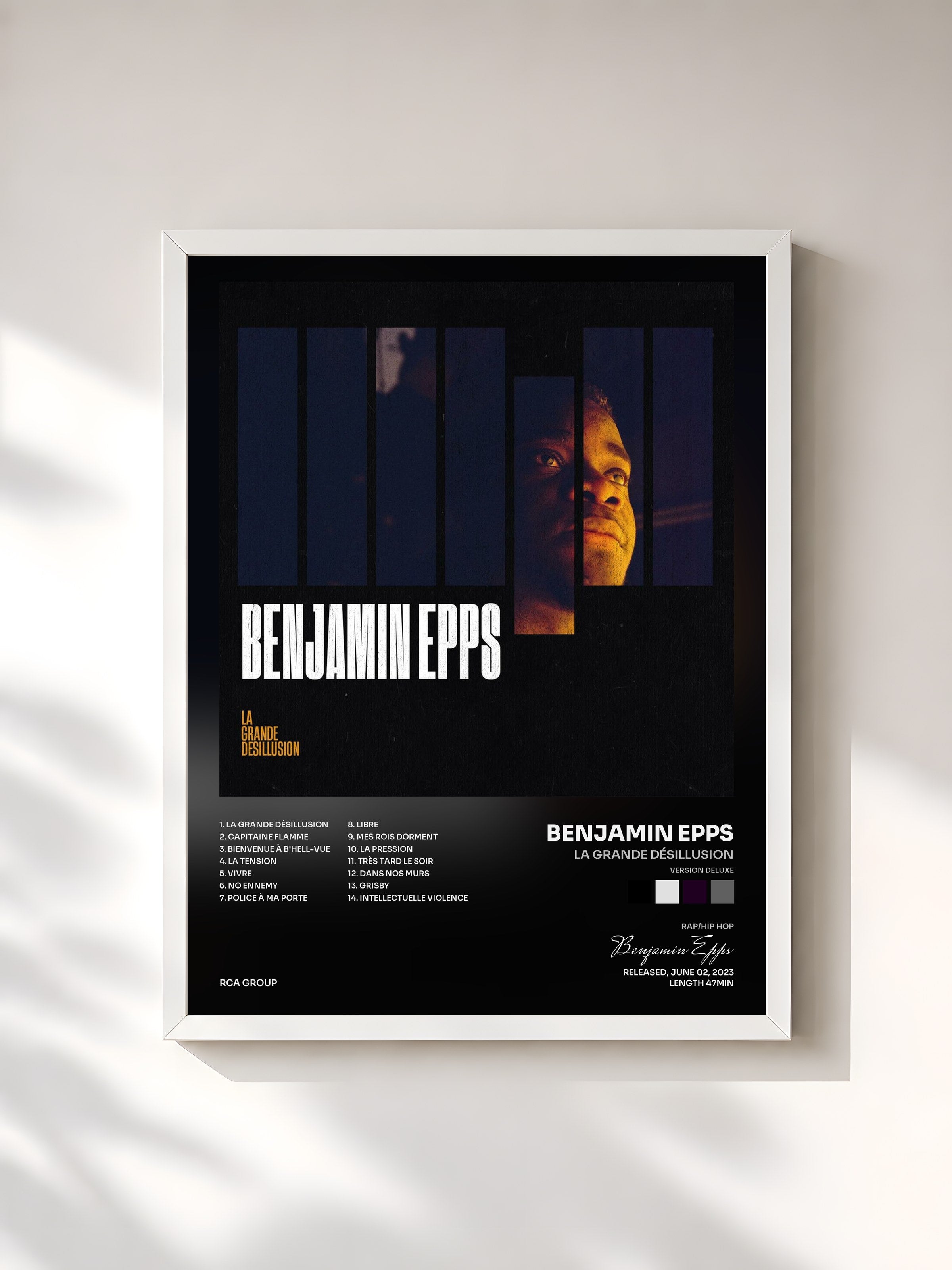 #blanc Tableau de l'album La grande désillusion (version deluxe) de Benjamin Epps, cadre blanc, imprimé et encadré en France