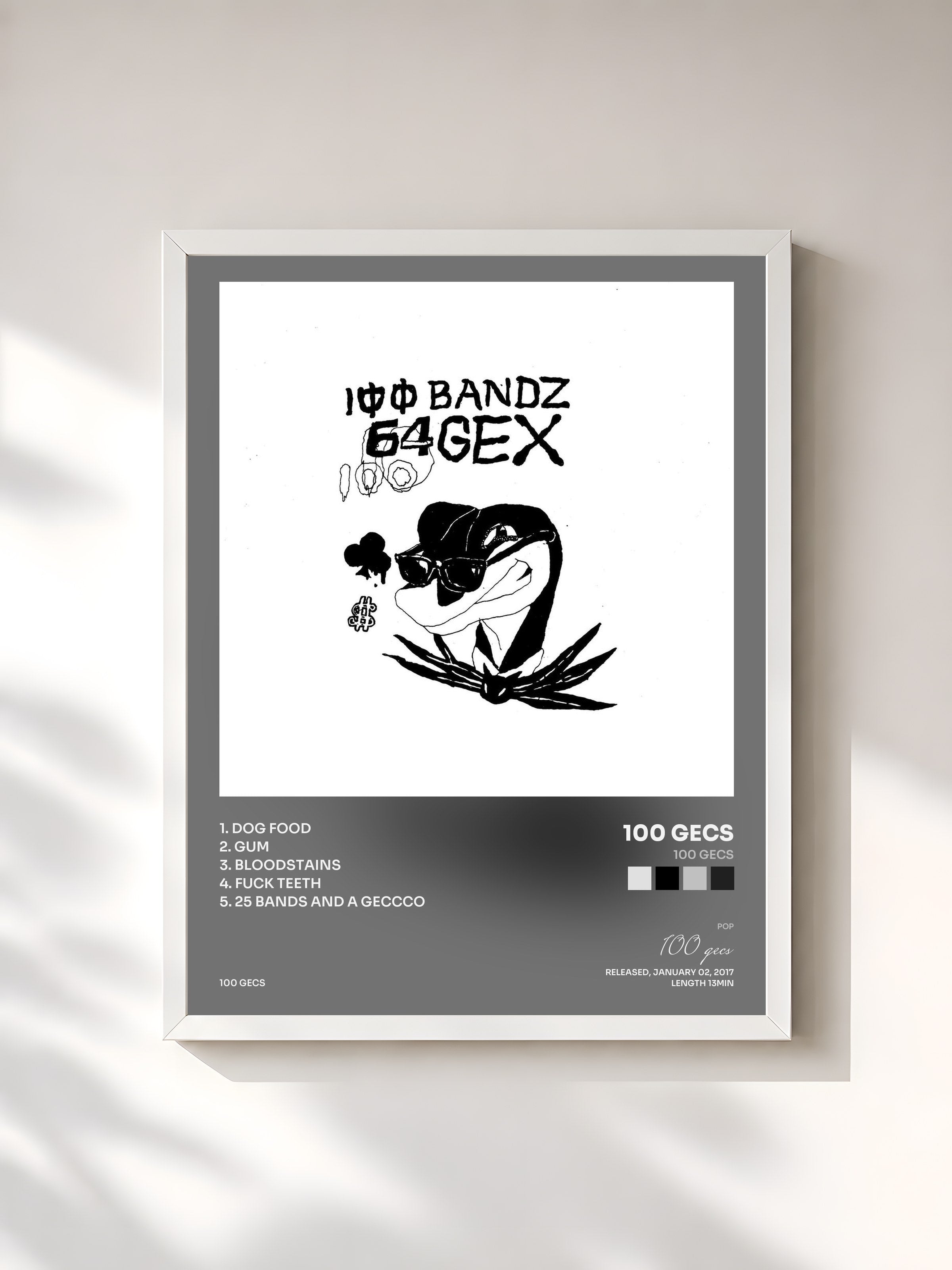 #blanc Tableau de l'album 100 gecs de 100 gecs, cadre blanc, imprimé et encadré en France