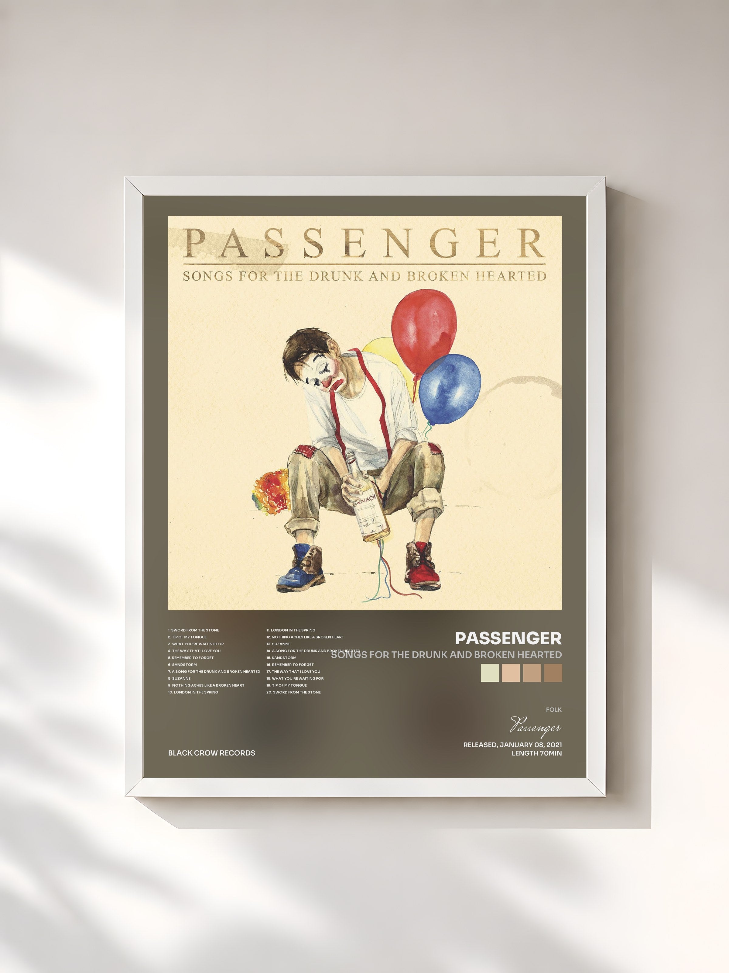 #blanc Tableau de l'album Songs for the Drunk and Broken Hearted de Passenger, cadre blanc, imprimé et encadré en France