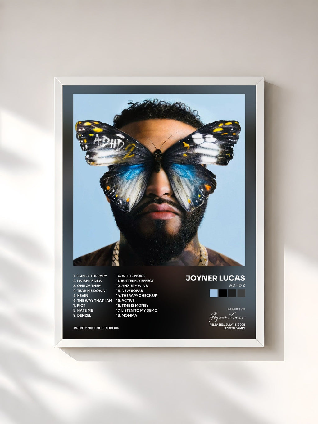 #blanc Tableau de l'album ADHD 2 de Joyner Lucas, cadre blanc, imprimé et encadré en France