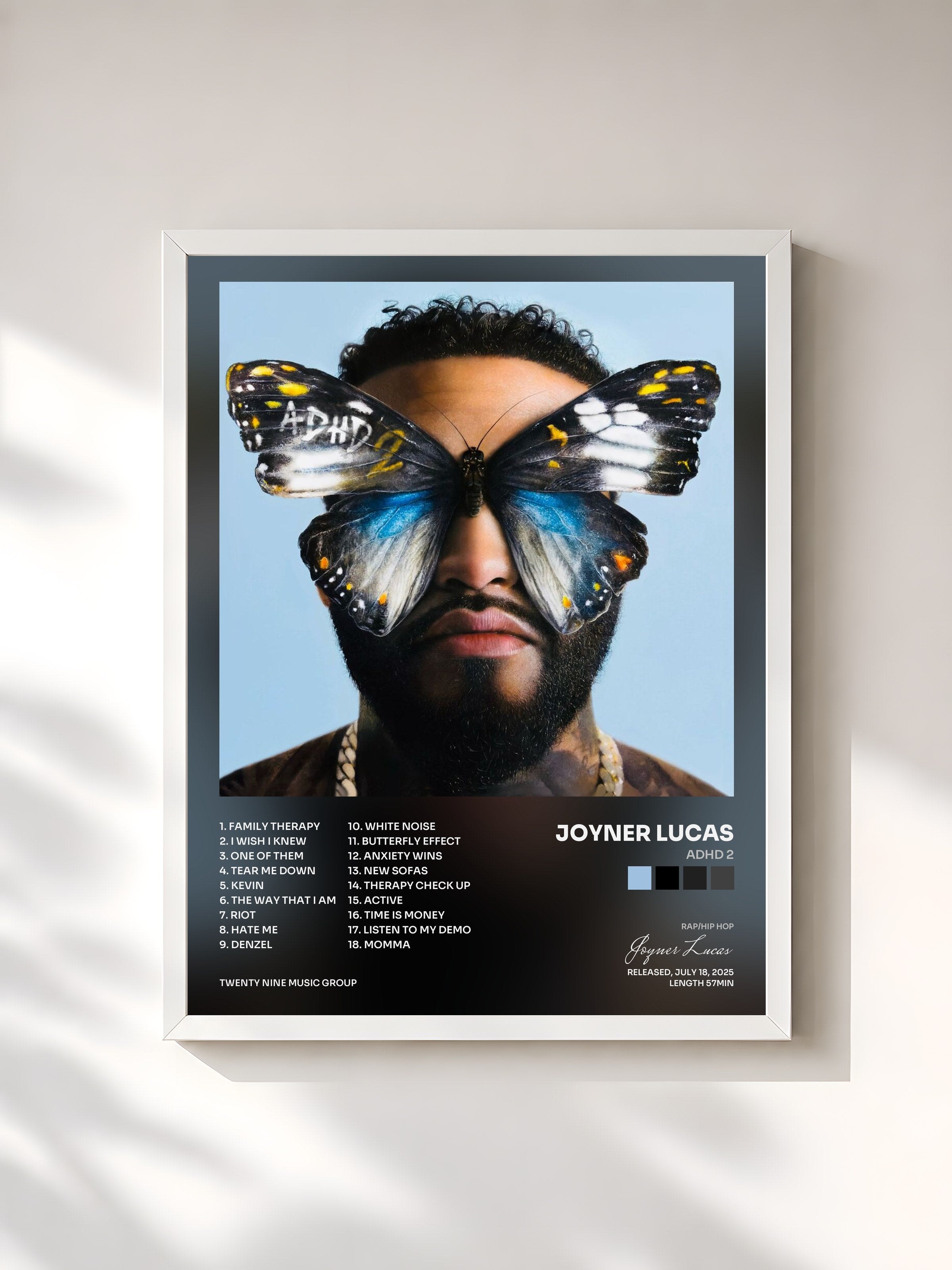 #blanc Tableau de l'album ADHD 2 de Joyner Lucas, cadre blanc, imprimé et encadré en France