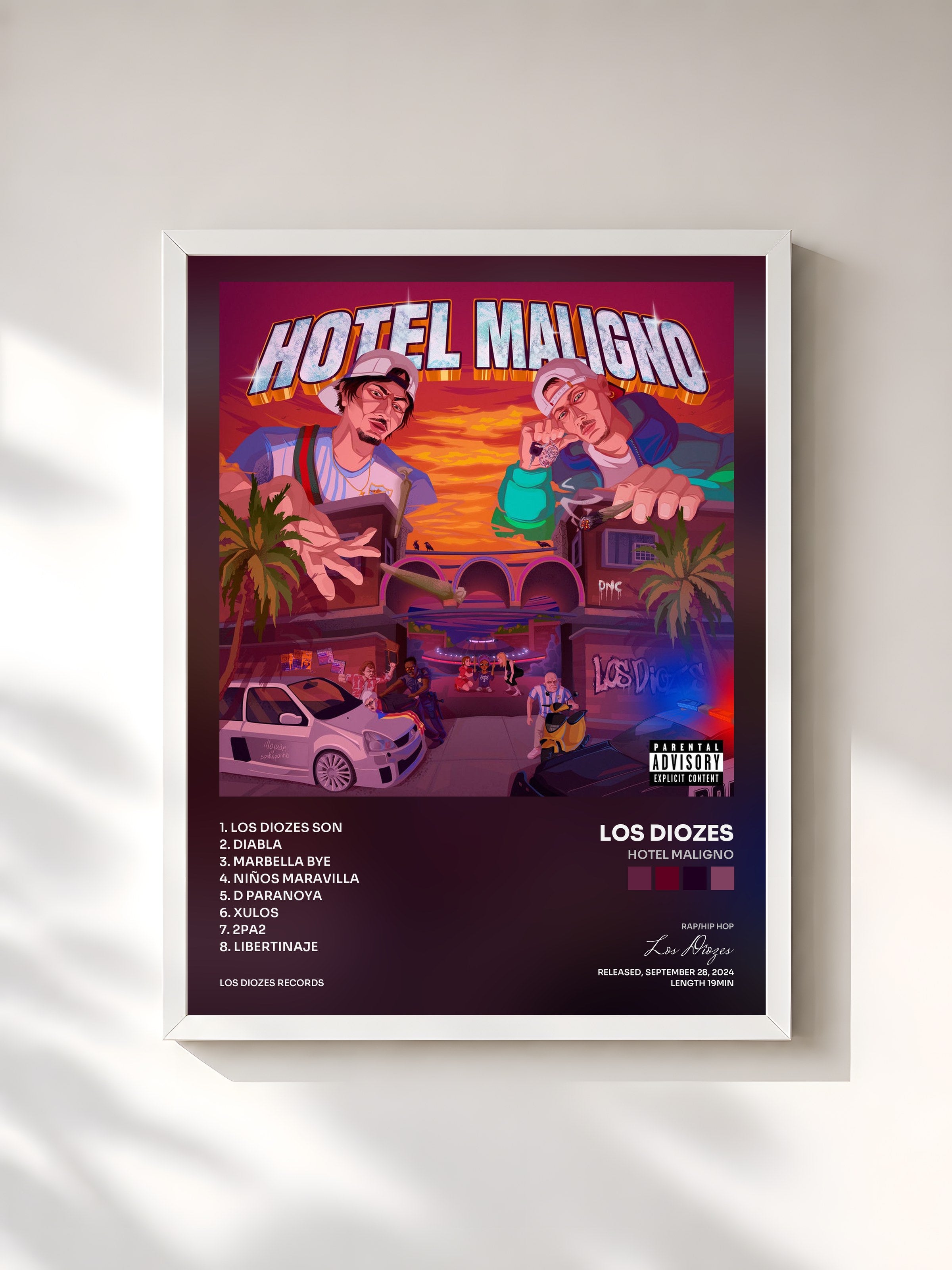 #blanc Tableau de l'album HOTEL MALIGNO de Los Diozes, cadre blanc, imprimé et encadré en France