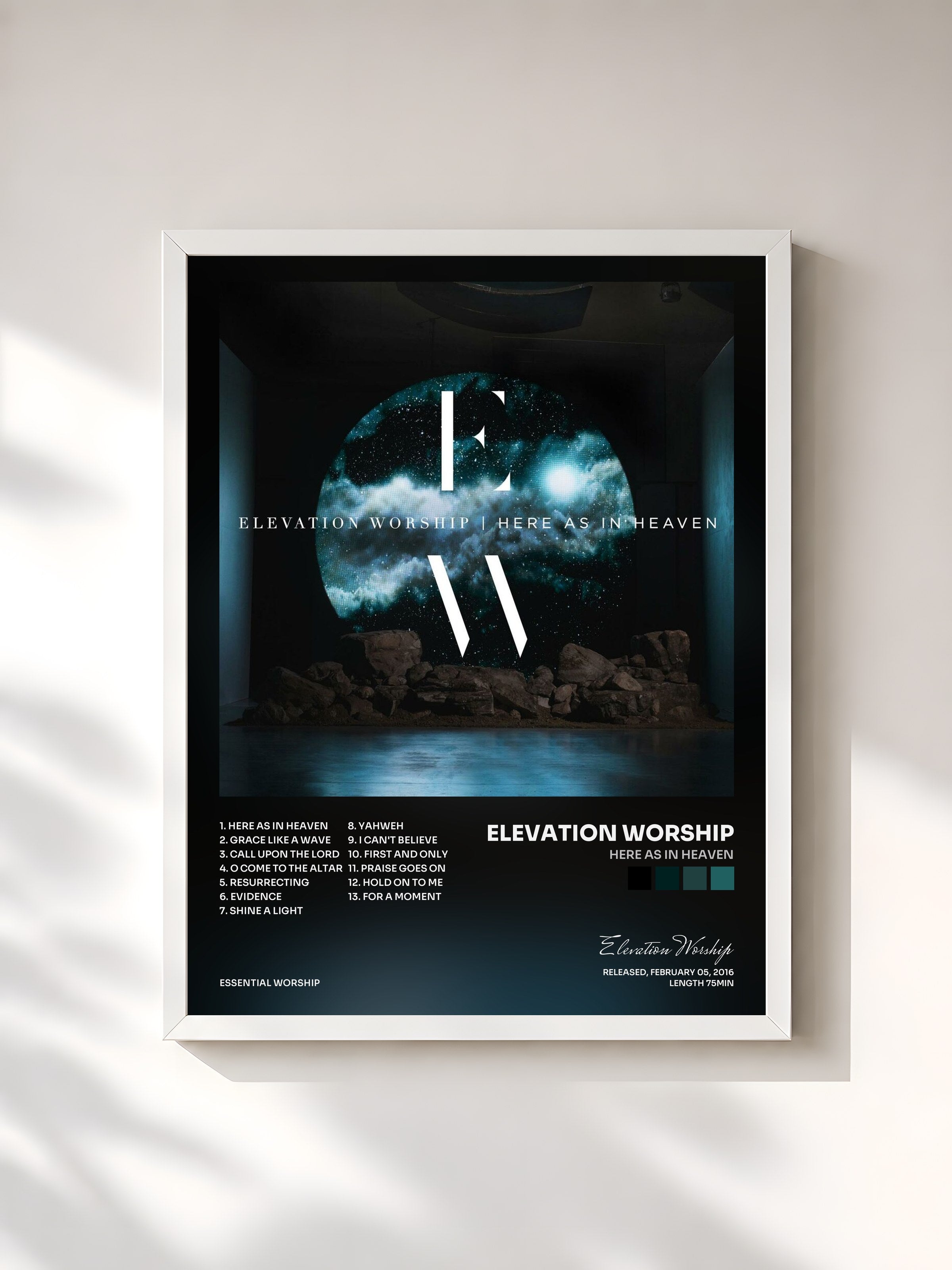 #blanc Tableau de l'album Here As In Heaven de Elevation Worship, cadre blanc, imprimé et encadré en France