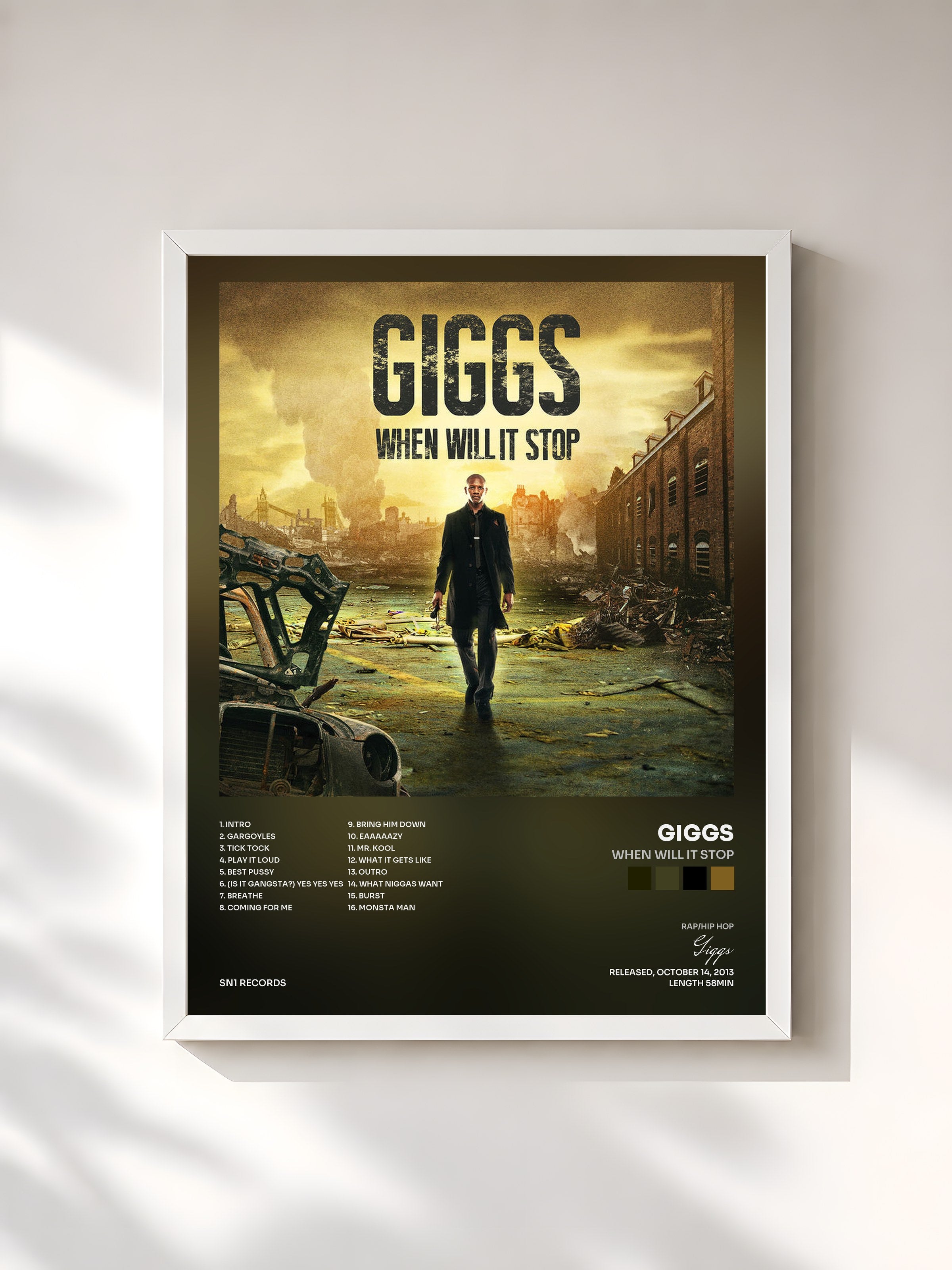 #blanc Tableau de l'album When Will It Stop de Giggs, cadre blanc, imprimé et encadré en France