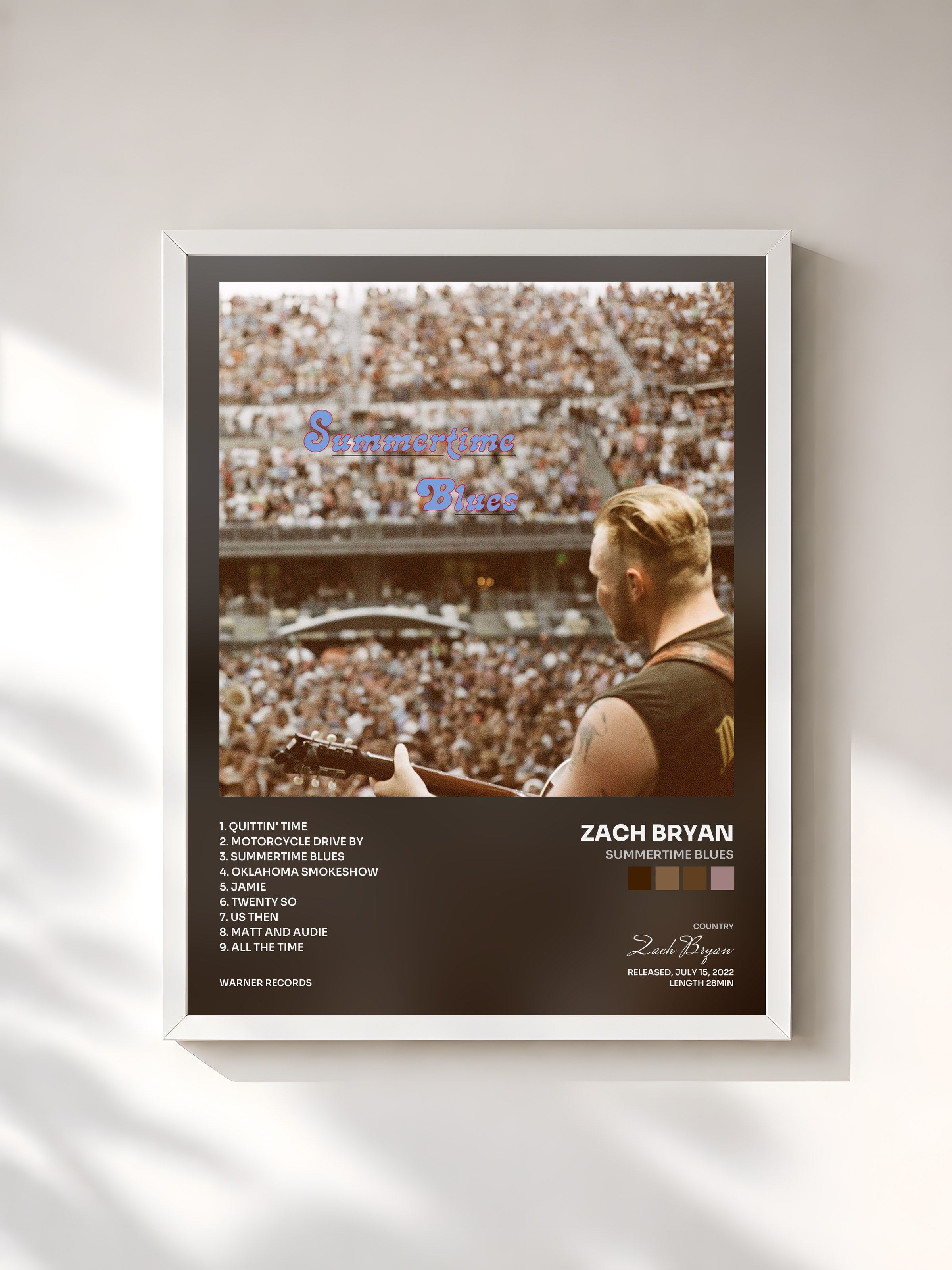 #blanc Tableau de l'album Summertime Blues de Zach Bryan, cadre blanc, imprimé et encadré en France