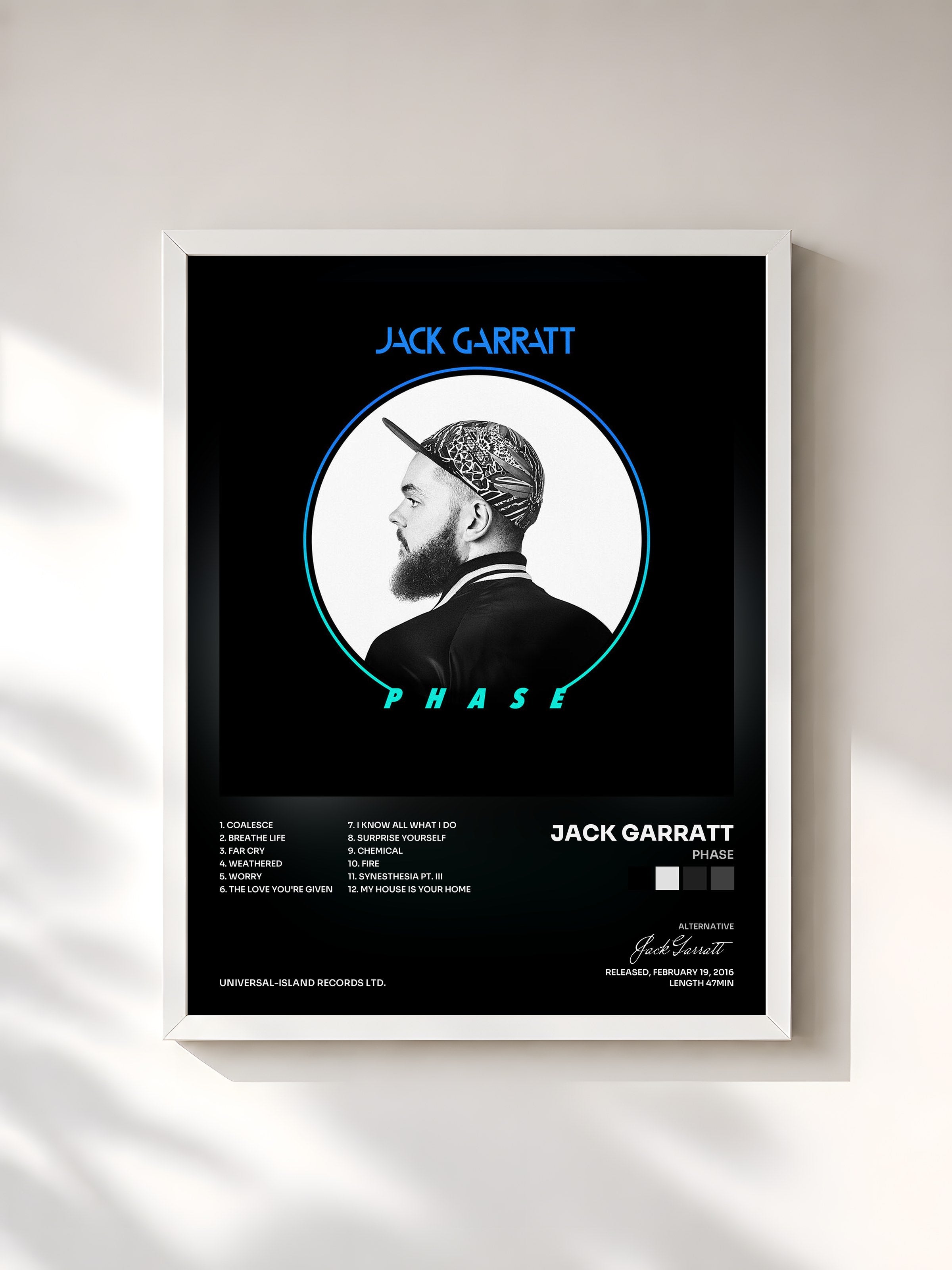 #blanc Tableau de l'album Phase de Jack Garratt, cadre blanc, imprimé et encadré en France
