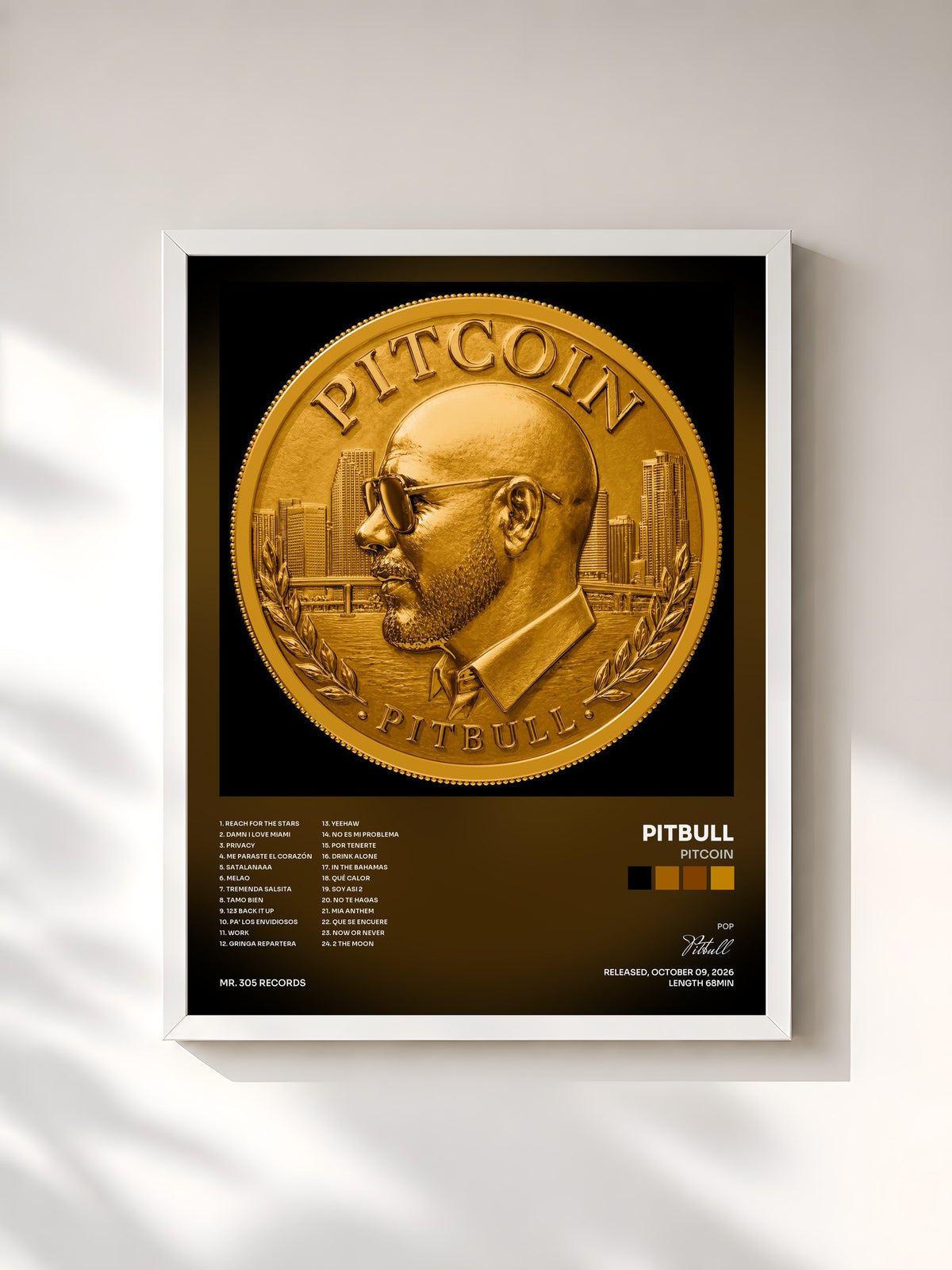 #blanc Tableau de l'album PITCOIN de Pitbull, cadre blanc, imprimé et encadré en France